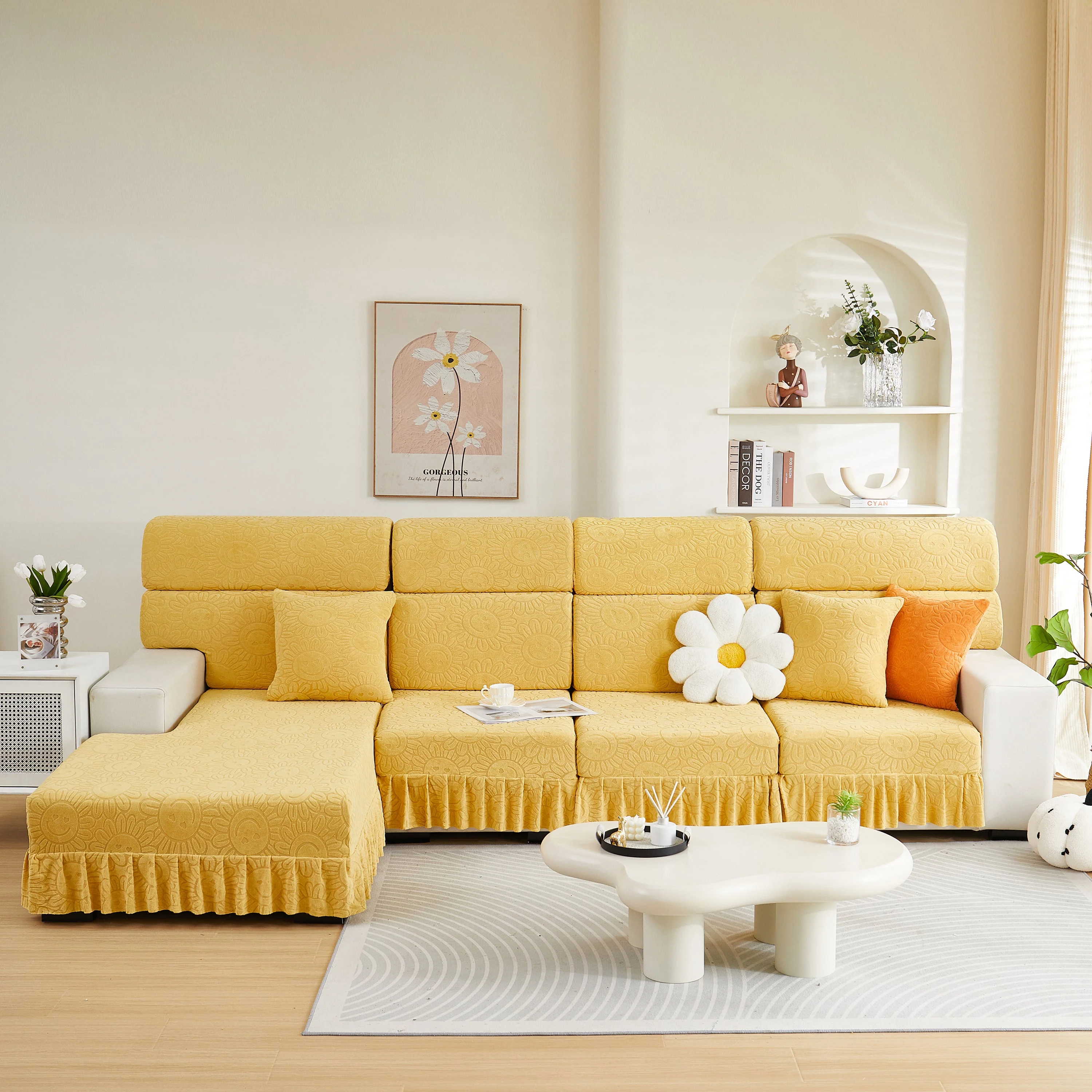 Sofa Seat Cover, Sunflower Patterned Elastic Skirted Couch Cushion Covers for 1/2/3/4-Seater Sofas - Image 49
