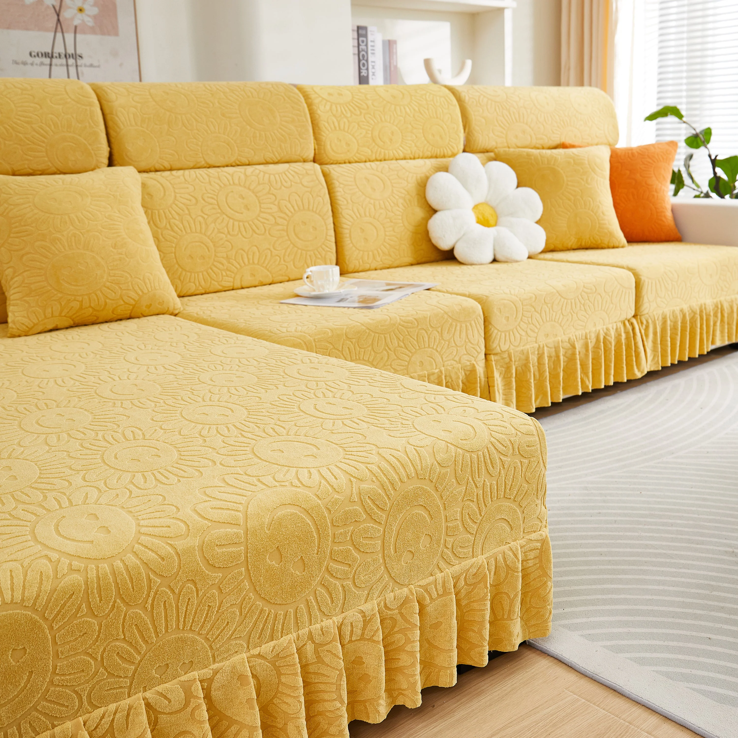 Sofa Seat Cover, Sunflower Patterned Elastic Skirted Couch Cushion Covers for 1/2/3/4-Seater Sofas - Image 50