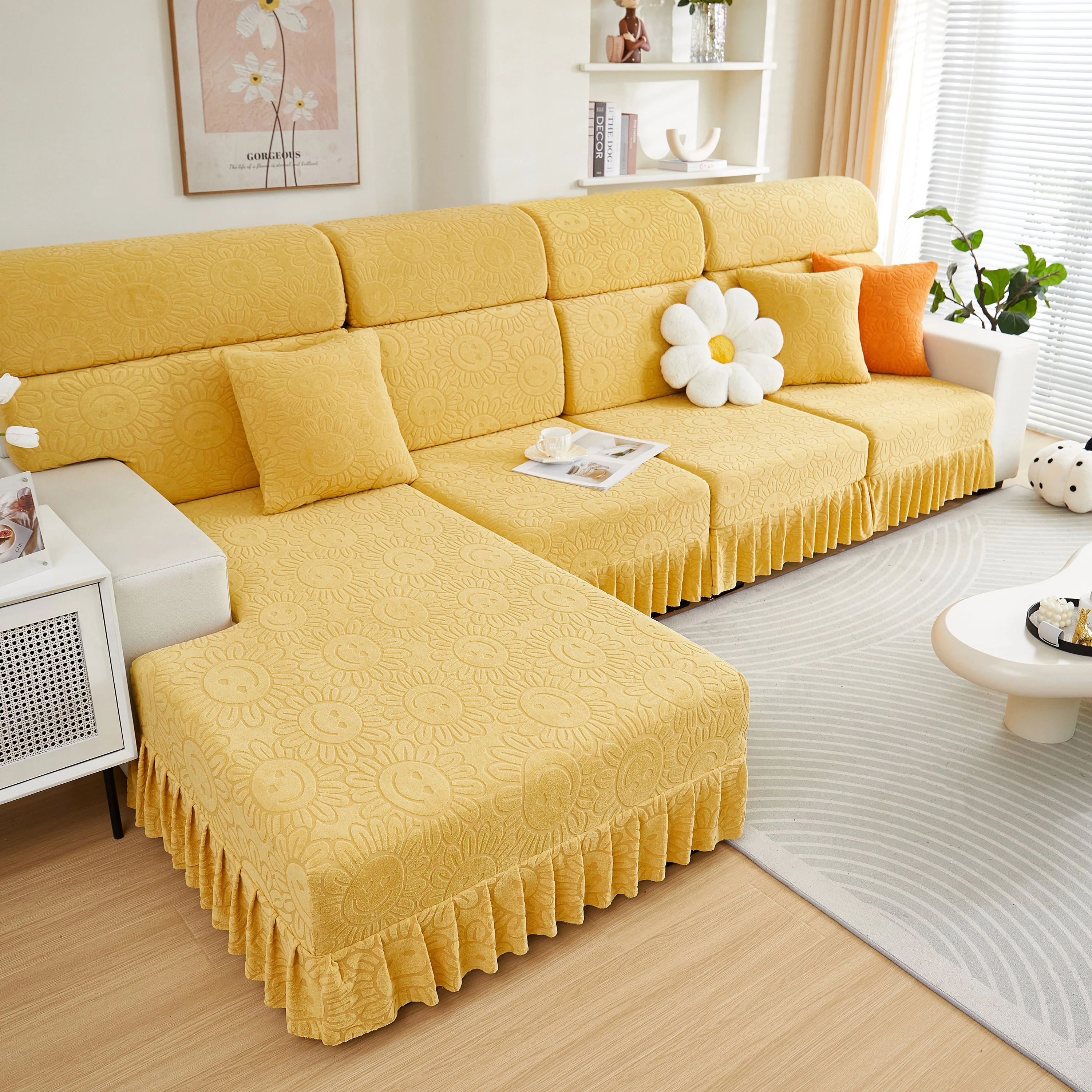 Sofa Seat Cover, Sunflower Patterned Elastic Skirted Couch Cushion Covers for 1/2/3/4-Seater Sofas - Image 52