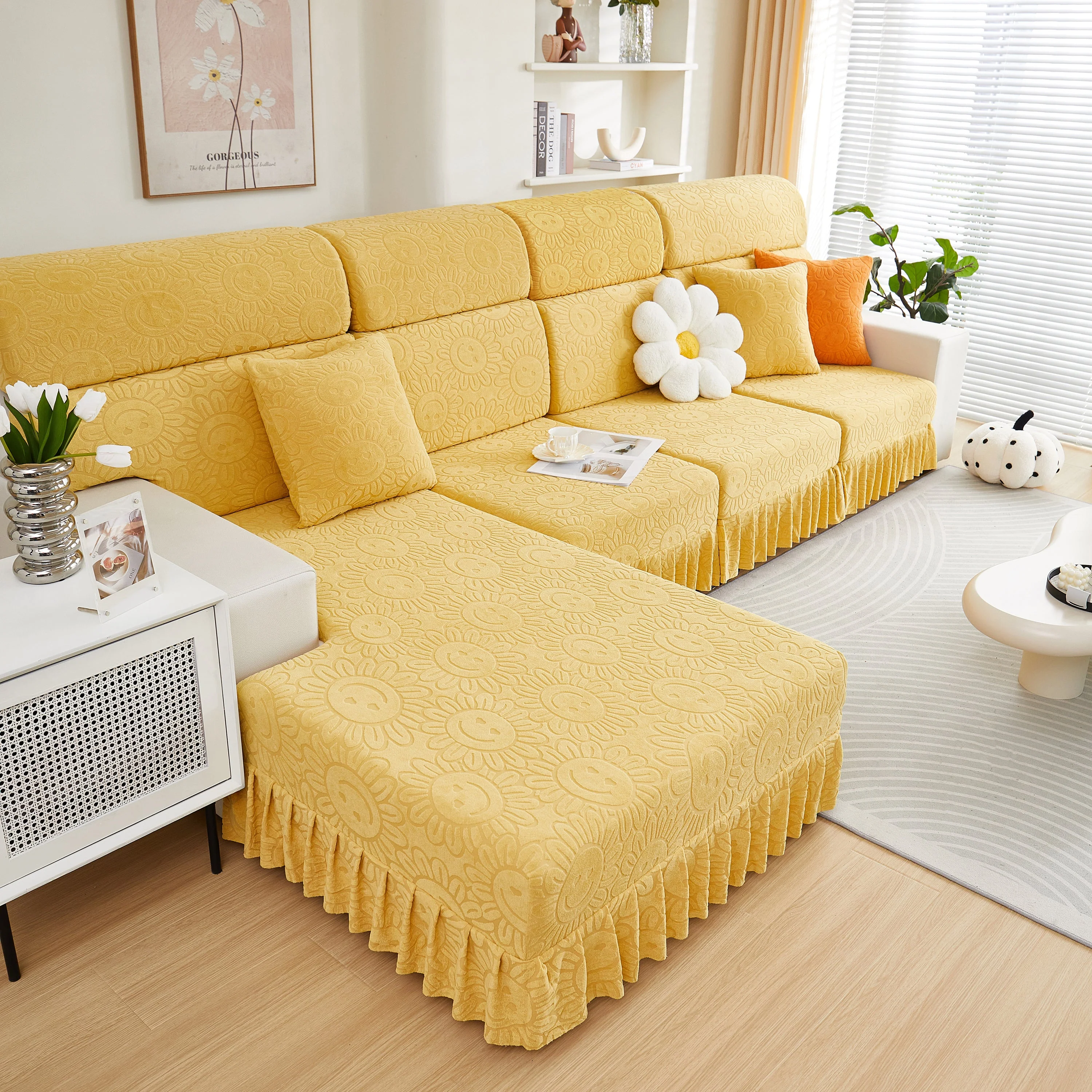 Sofa Seat Cover, Sunflower Patterned Elastic Skirted Couch Cushion Covers for 1/2/3/4-Seater Sofas - Image 53