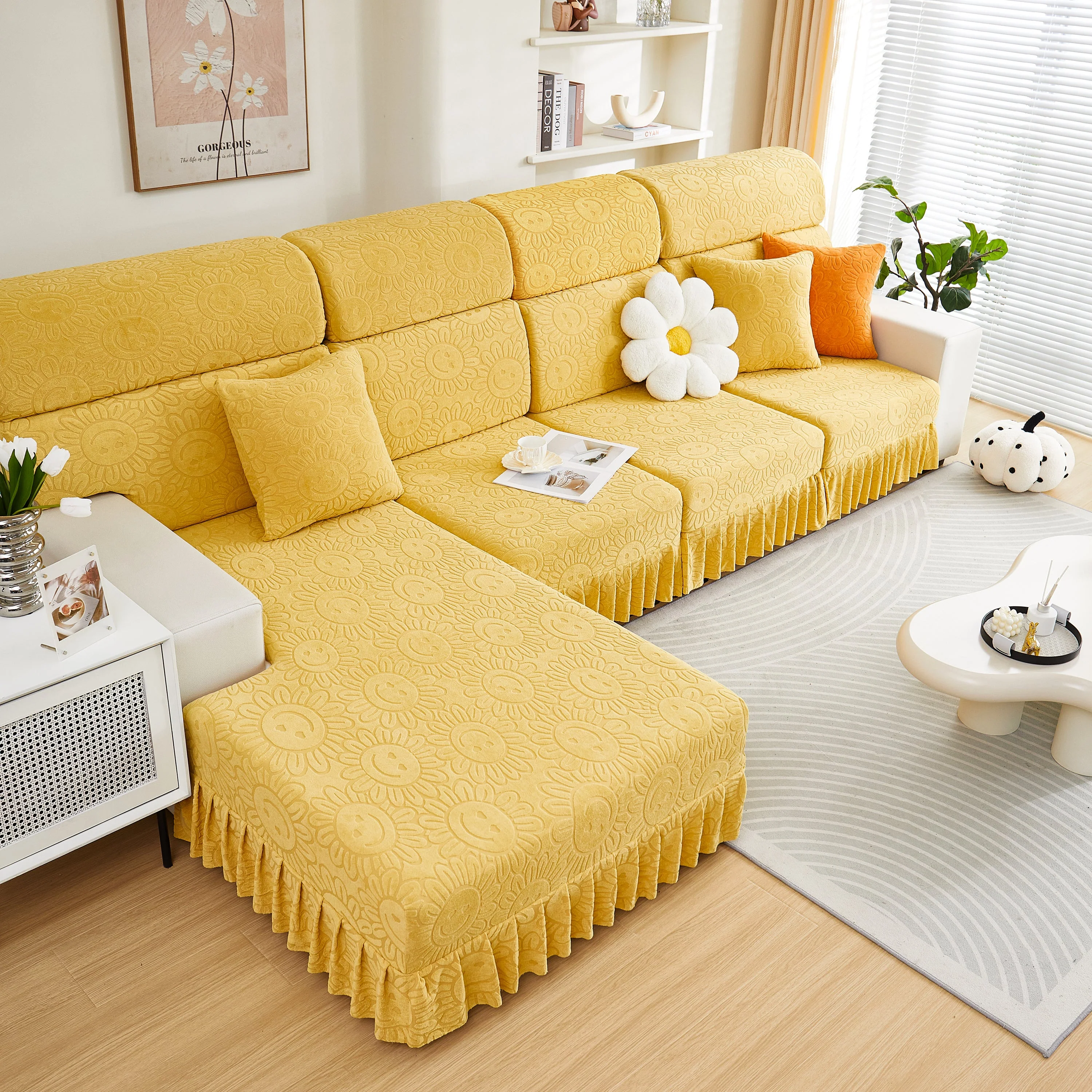 Sofa Seat Cover, Sunflower Patterned Elastic Skirted Couch Cushion Covers for 1/2/3/4-Seater Sofas - Image 54