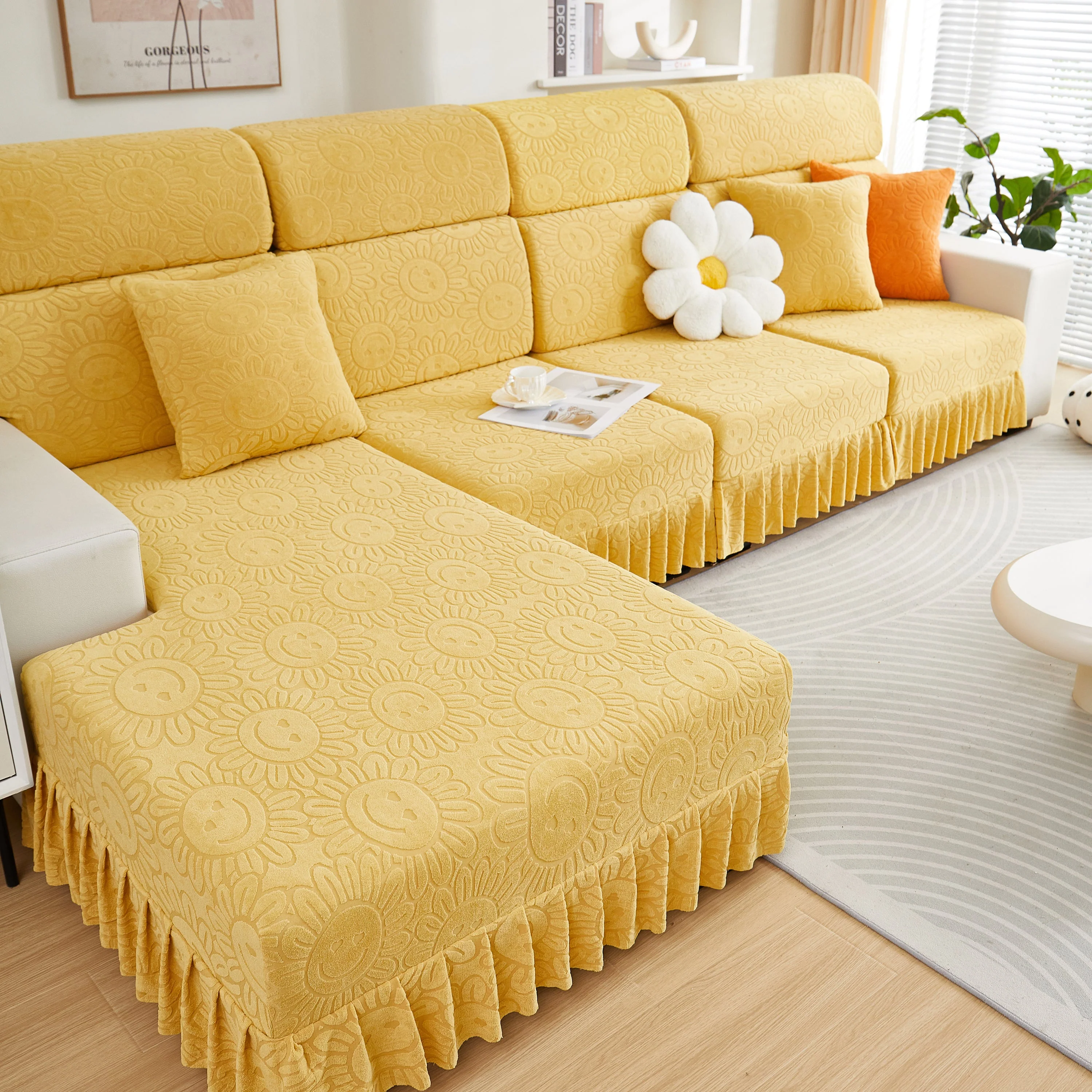 Sofa Seat Cover, Sunflower Patterned Elastic Skirted Couch Cushion Covers for 1/2/3/4-Seater Sofas - Image 55