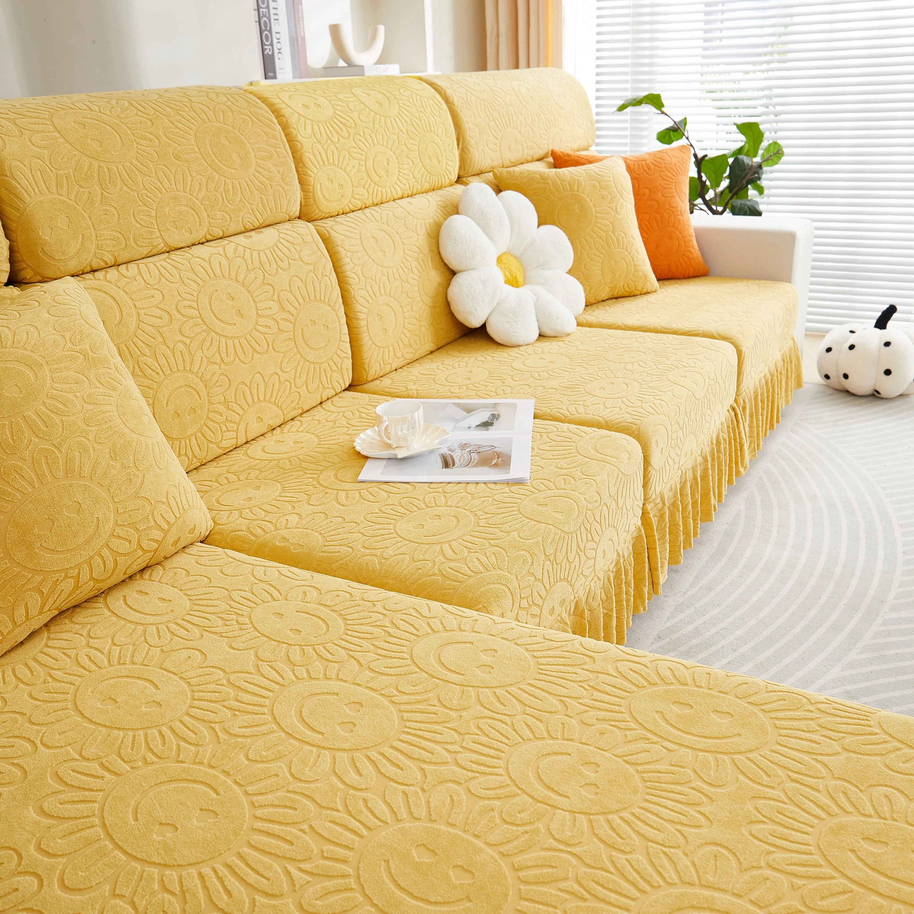 Sofa Seat Cover, Sunflower Patterned Elastic Skirted Couch Cushion Covers for 1/2/3/4-Seater Sofas - Image 61