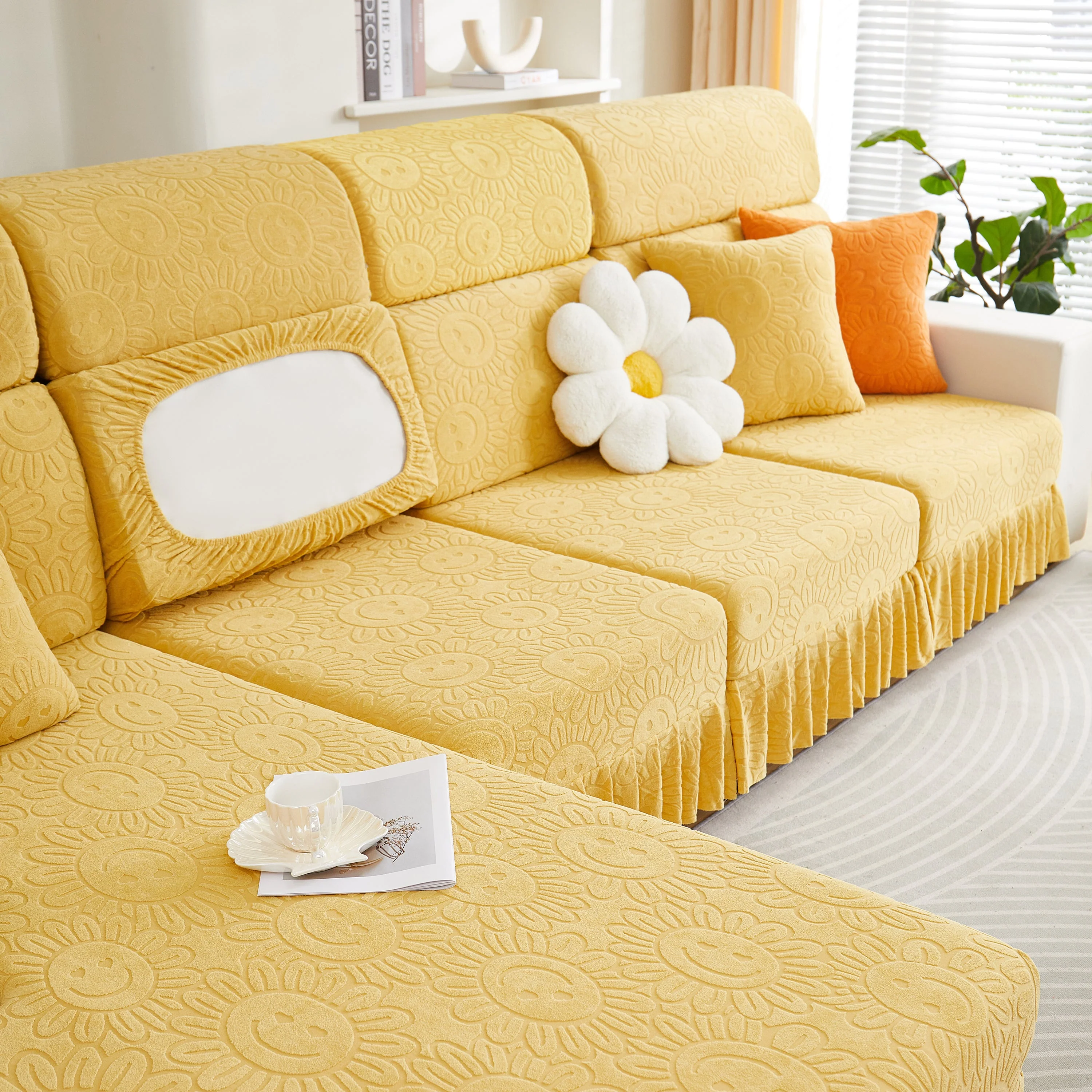 Sofa Seat Cover, Sunflower Patterned Elastic Skirted Couch Cushion Covers for 1/2/3/4-Seater Sofas - Image 64