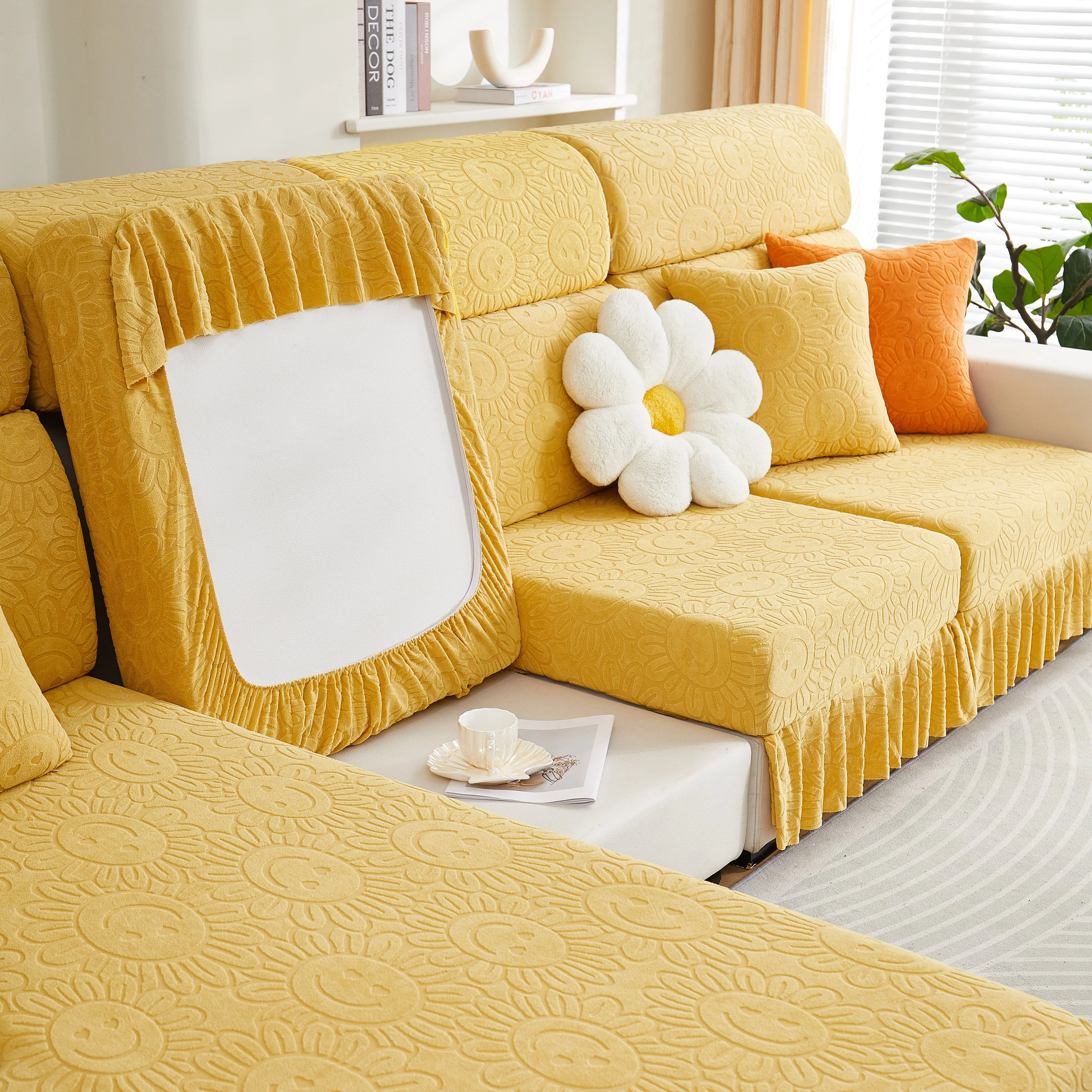 Sofa Seat Cover, Sunflower Patterned Elastic Skirted Couch Cushion Covers for 1/2/3/4-Seater Sofas - Image 65