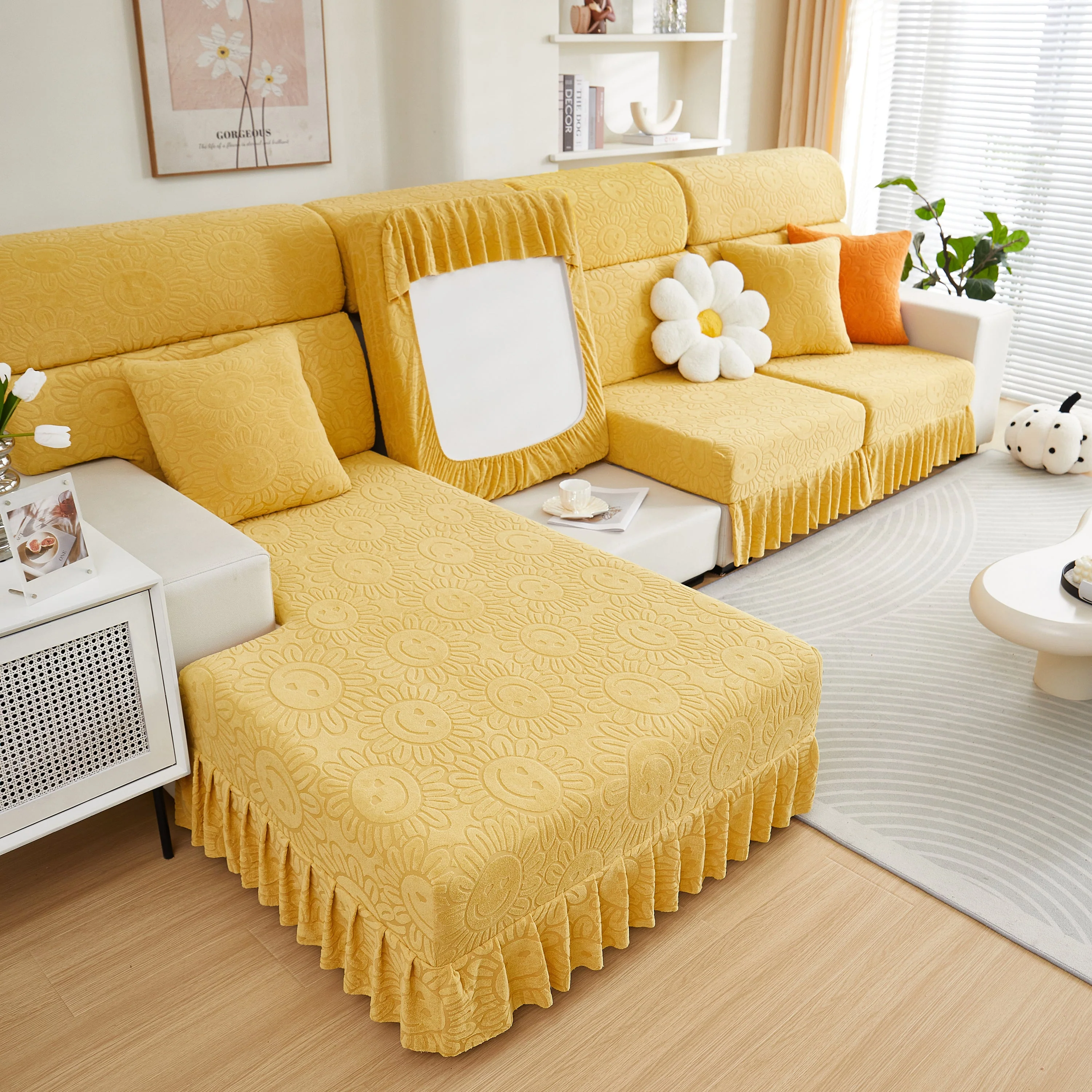 Sofa Seat Cover, Sunflower Patterned Elastic Skirted Couch Cushion Covers for 1/2/3/4-Seater Sofas - Image 66