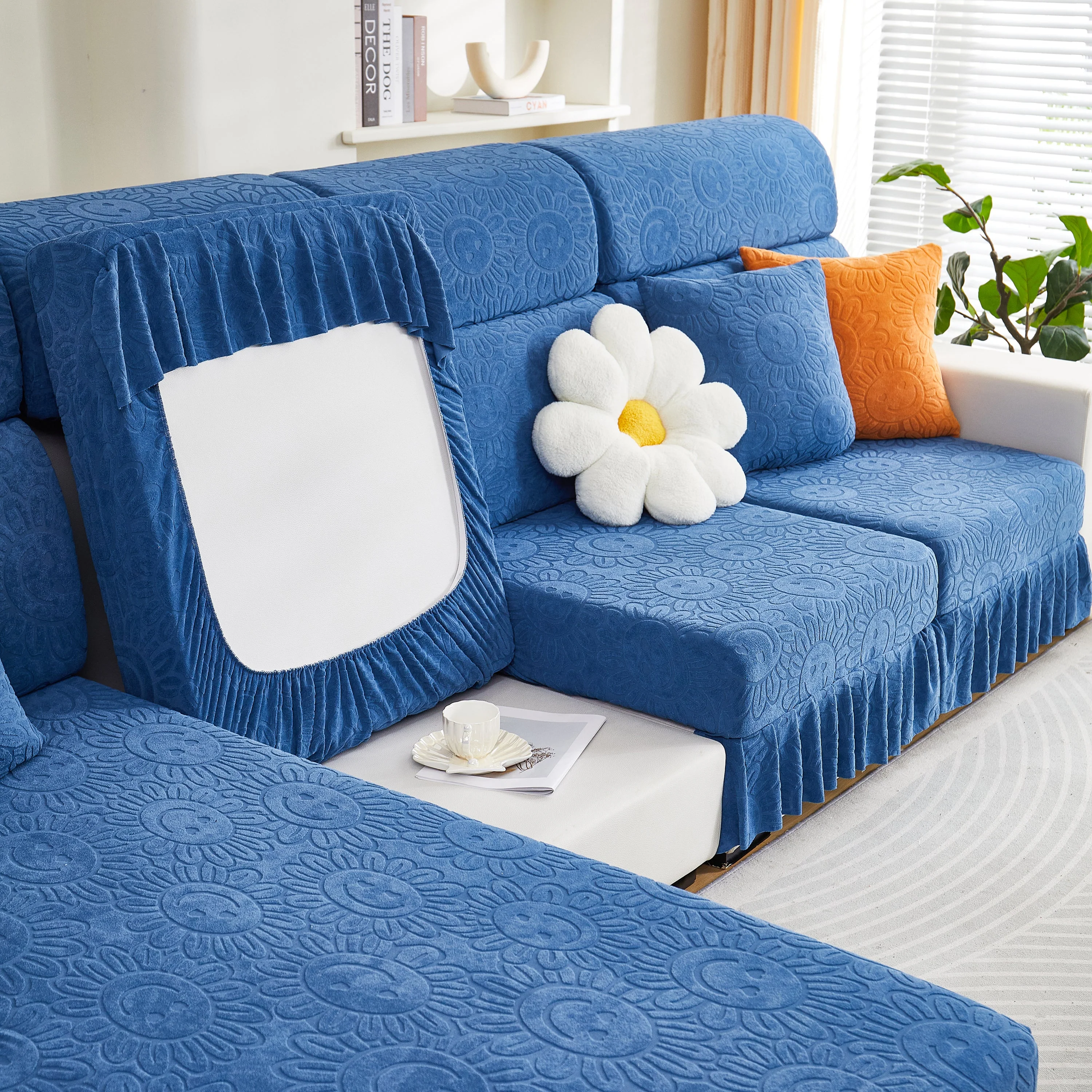 Sofa Seat Cover, Sunflower Patterned Elastic Skirted Couch Cushion Covers for 1/2/3/4-Seater Sofas - Image 88