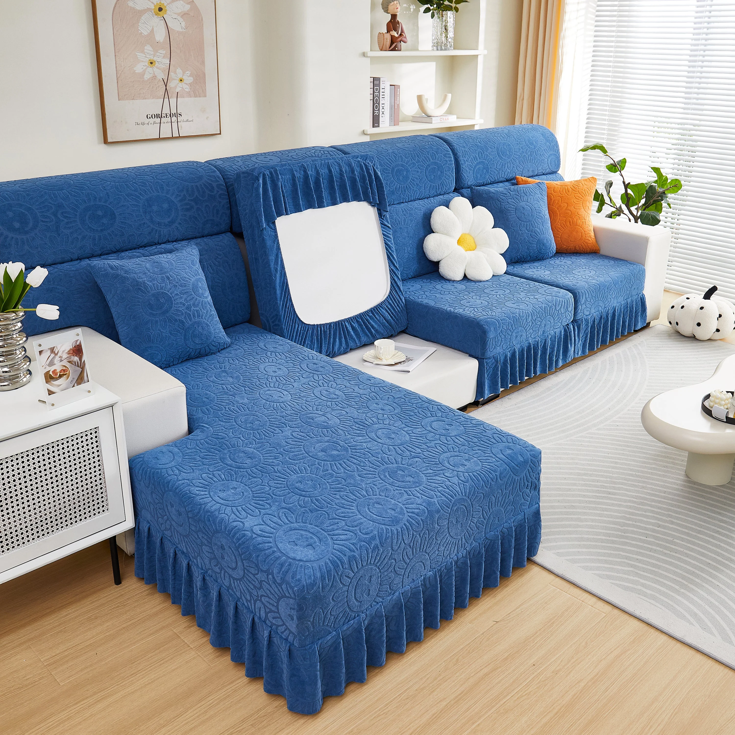 Sofa Seat Cover, Sunflower Patterned Elastic Skirted Couch Cushion Covers for 1/2/3/4-Seater Sofas - Image 89