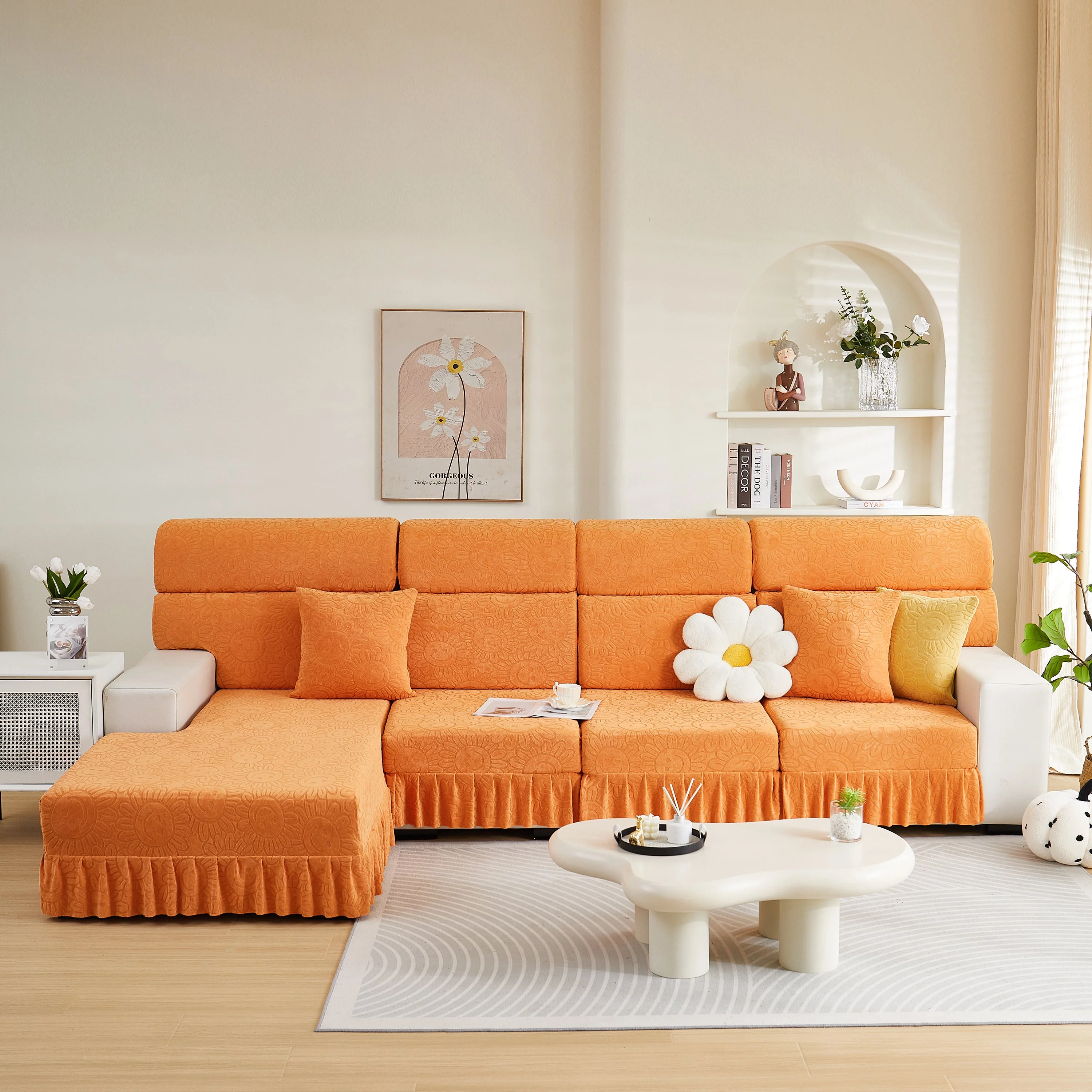 Sofa Seat Cover, Sunflower Patterned Elastic Skirted Couch Cushion Covers for 1/2/3/4-Seater Sofas - Image 95