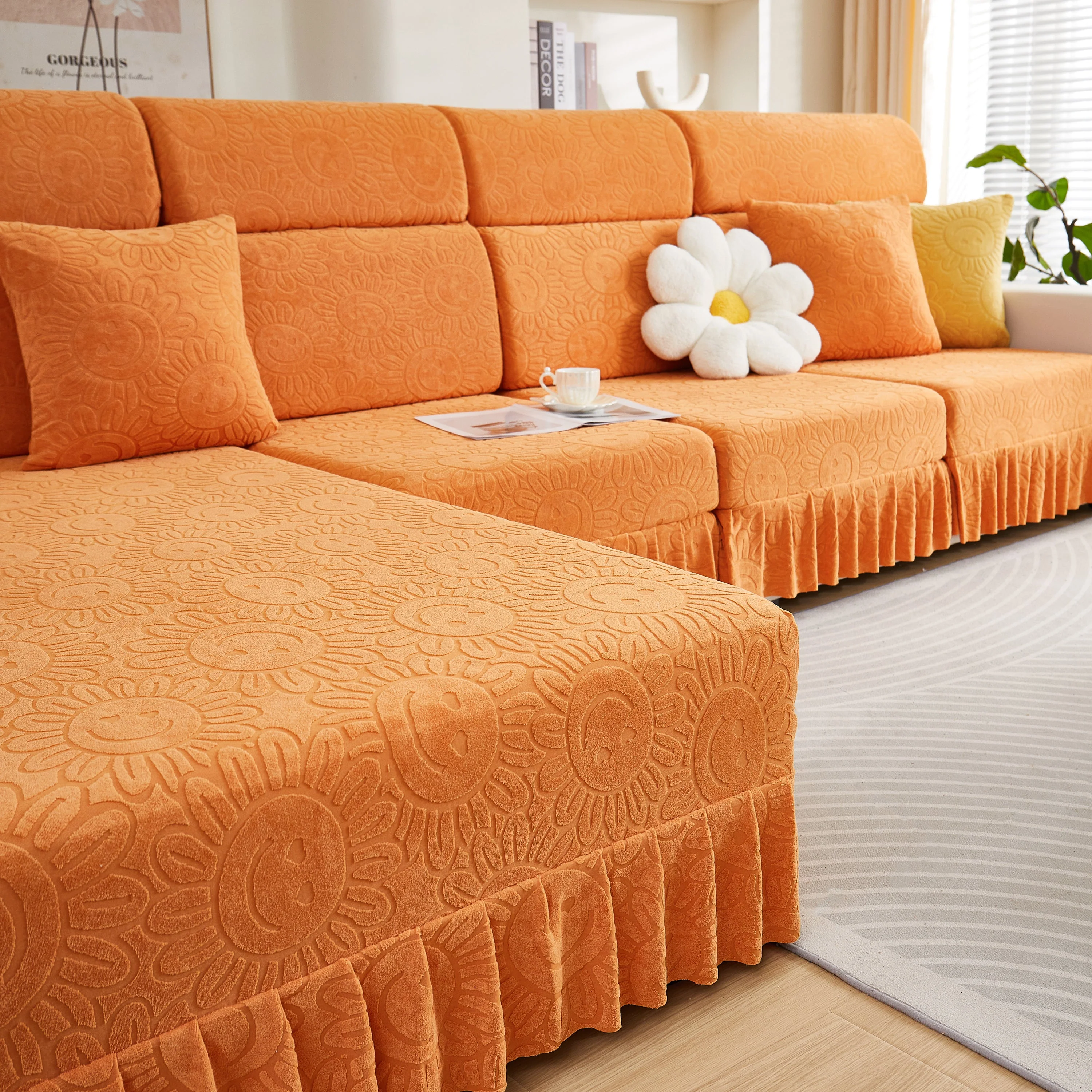 Sofa Seat Cover, Sunflower Patterned Elastic Skirted Couch Cushion Covers for 1/2/3/4-Seater Sofas - Image 96