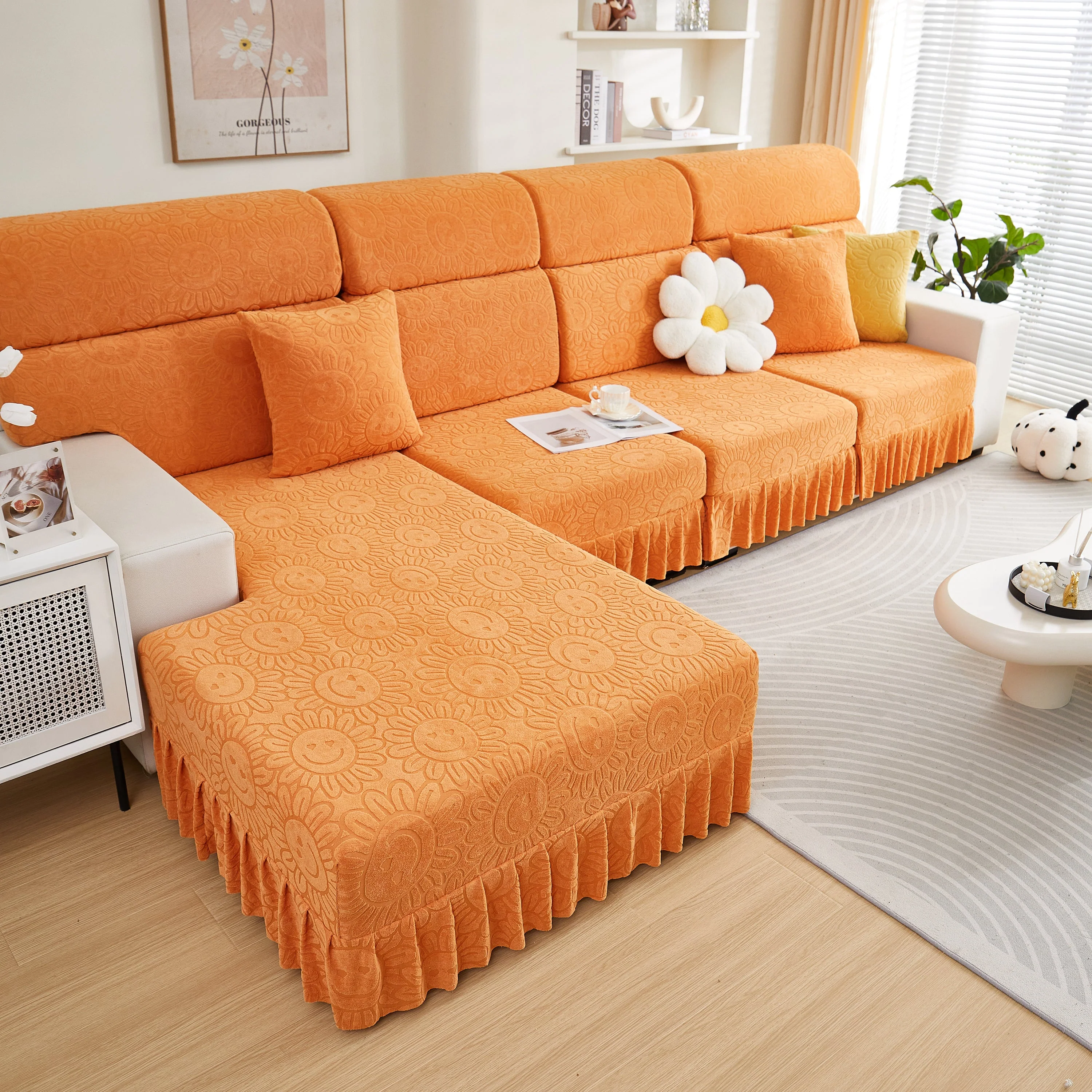 Sofa Seat Cover, Sunflower Patterned Elastic Skirted Couch Cushion Covers for 1/2/3/4-Seater Sofas - Image 98