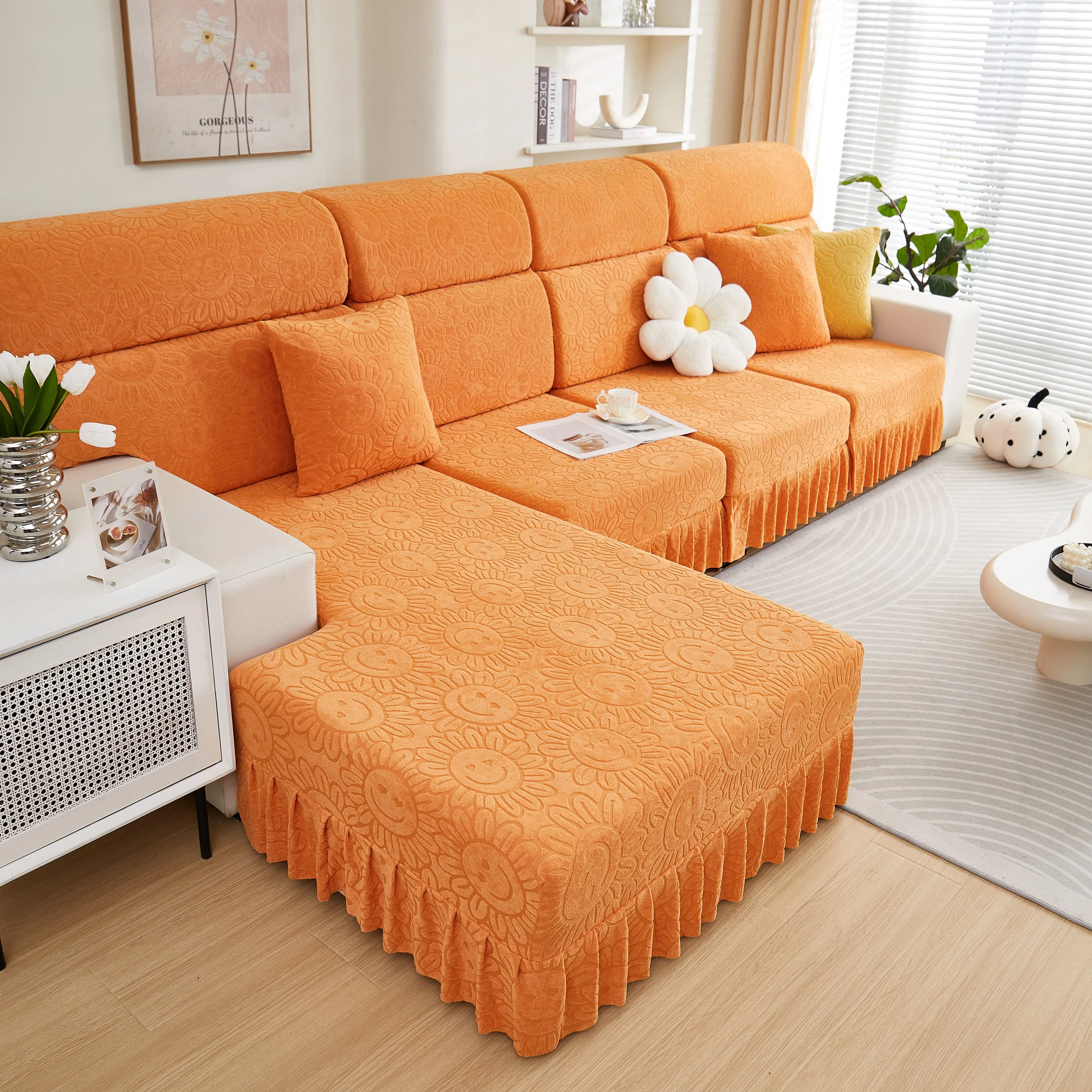 Sofa Seat Cover, Sunflower Patterned Elastic Skirted Couch Cushion Covers for 1/2/3/4-Seater Sofas - Image 99