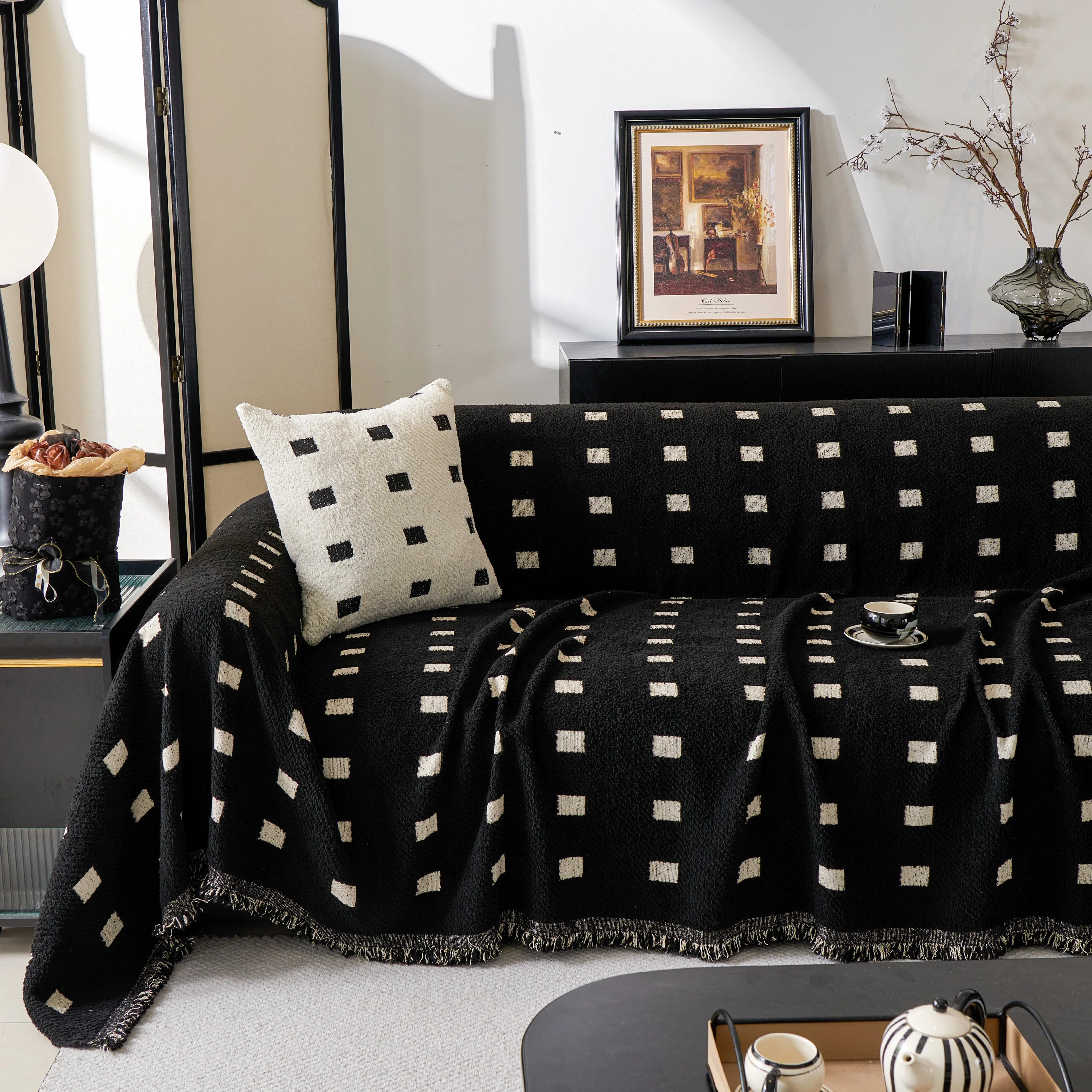 Sofa Throw Blanket with Woven Geometric Pattern & Tassels, Soft & Thick Couch Cover - Image 30