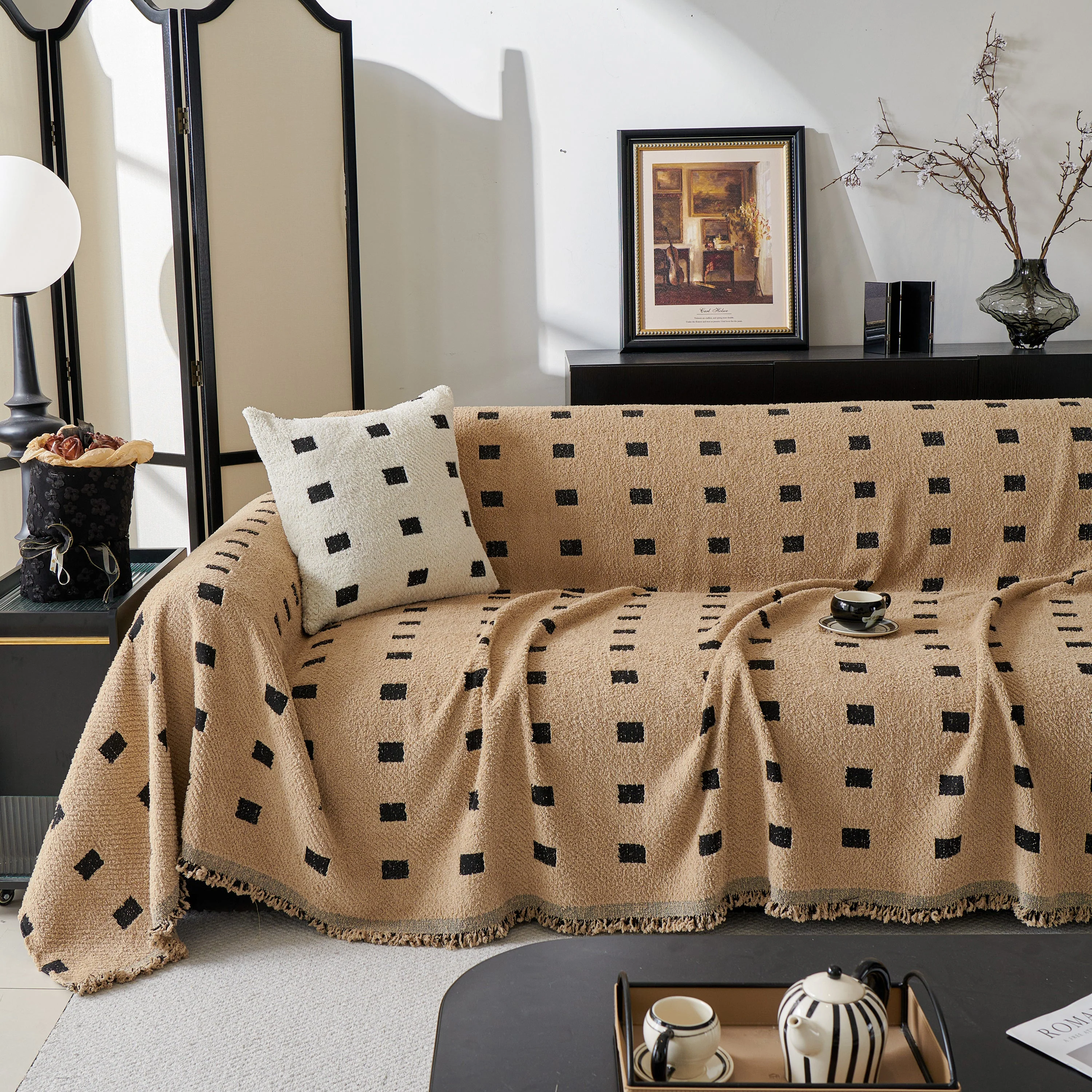 Sofa Throw Blanket with Woven Geometric Pattern & Tassels, Soft & Thick Couch Cover - Image 31