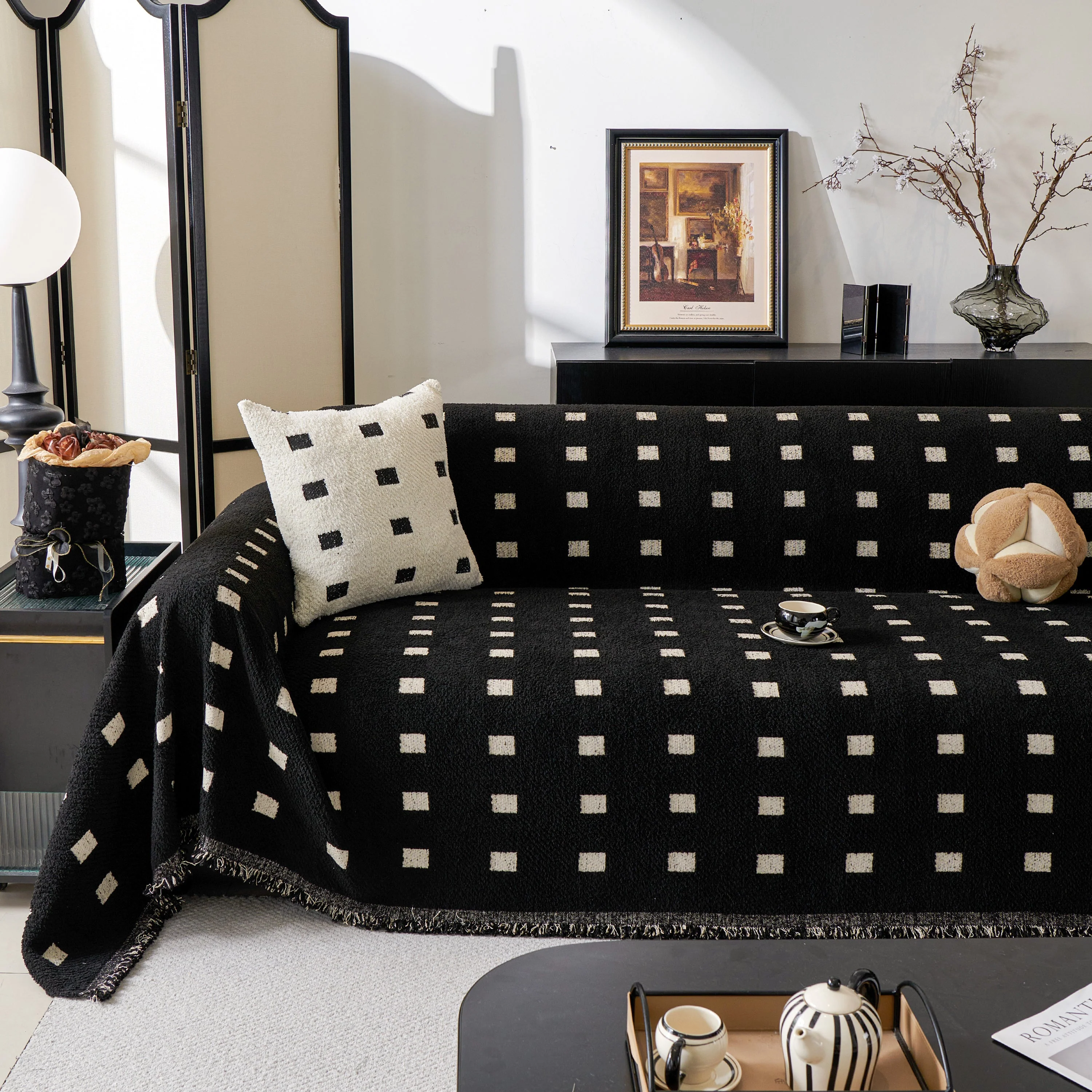 Sofa Throw Blanket with Woven Geometric Pattern & Tassels, Soft & Thick Couch Cover - Image 45