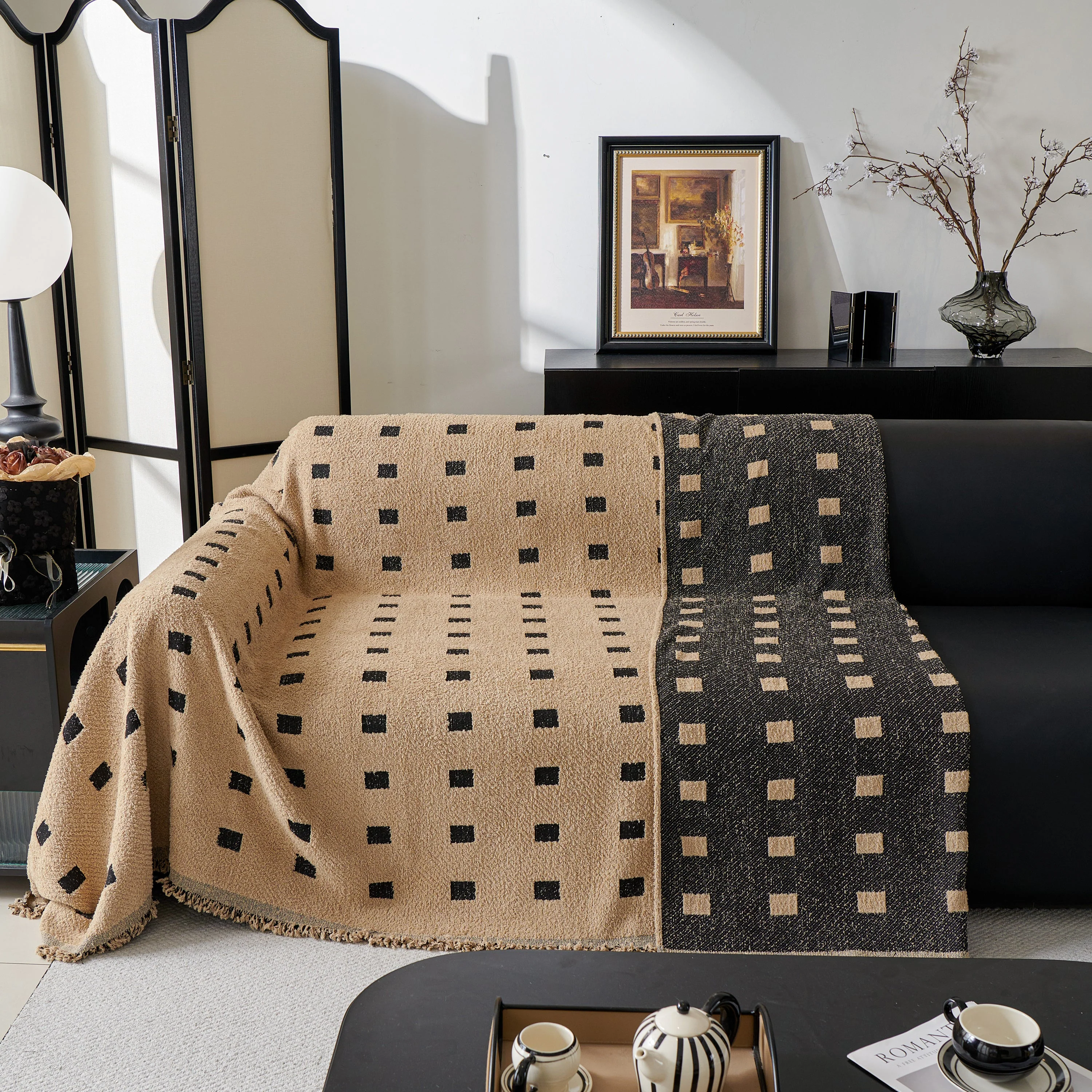 Sofa Throw Blanket with Woven Geometric Pattern & Tassels, Soft & Thick Couch Cover - Image 64
