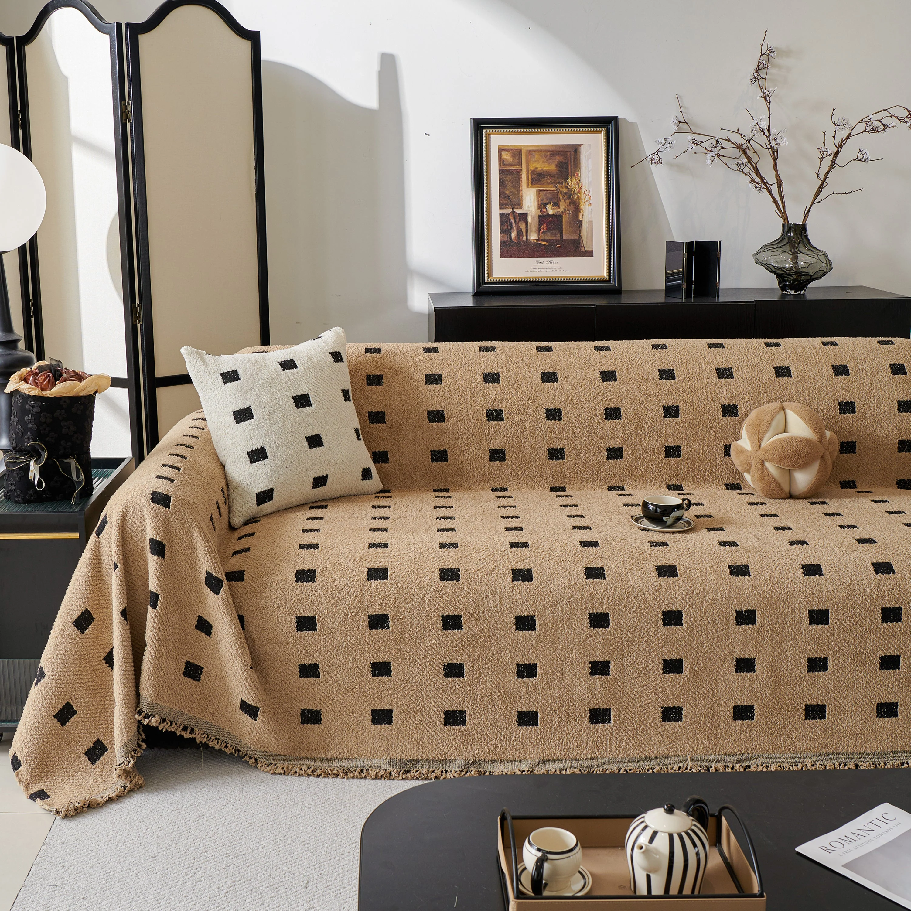 Sofa Throw Blanket with Woven Geometric Pattern & Tassels, Soft & Thick Couch Cover - Image 74