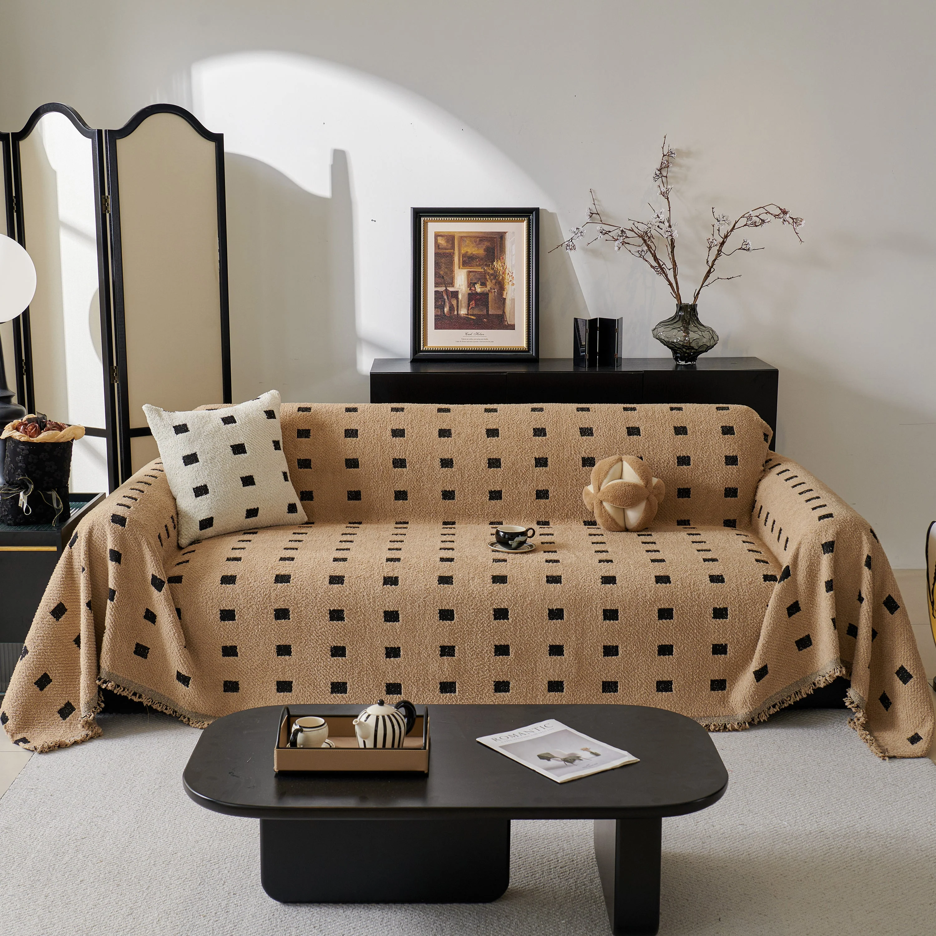 Sofa Throw Blanket with Woven Geometric Pattern & Tassels, Soft & Thick Couch Cover - Image 86