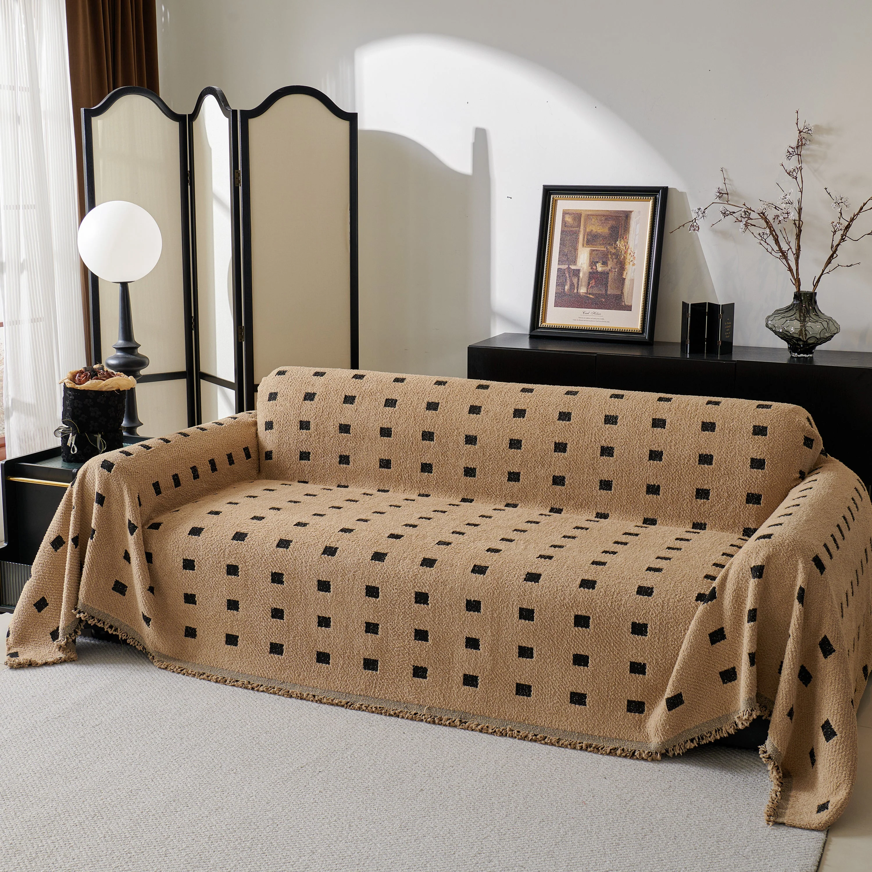 Sofa Throw Blanket with Woven Geometric Pattern & Tassels, Soft & Thick Couch Cover - Image 88