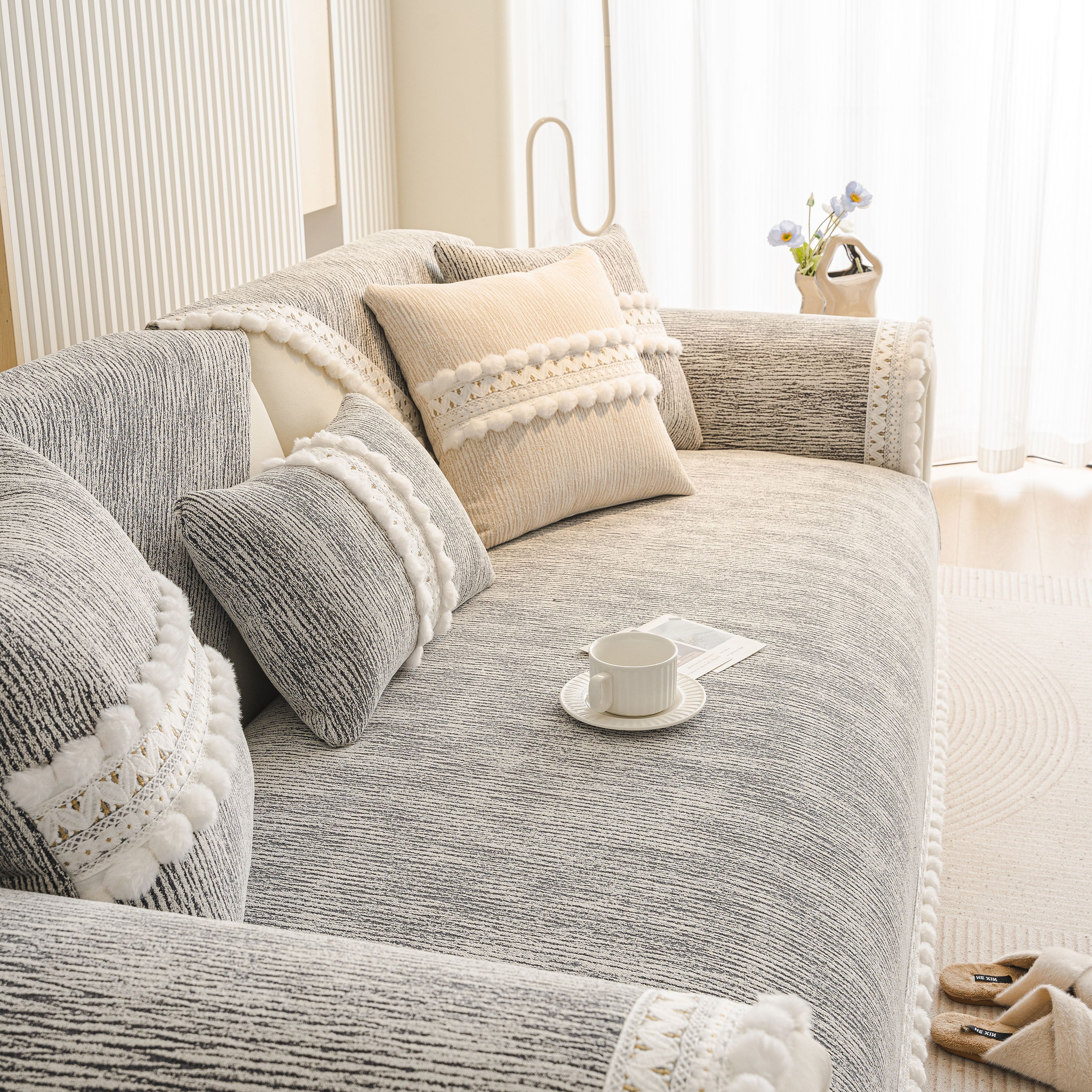 Soft Chenille Sectional Sofa Cover with Pom Pom Trim – Non-Slip Couch Protector - Image 10