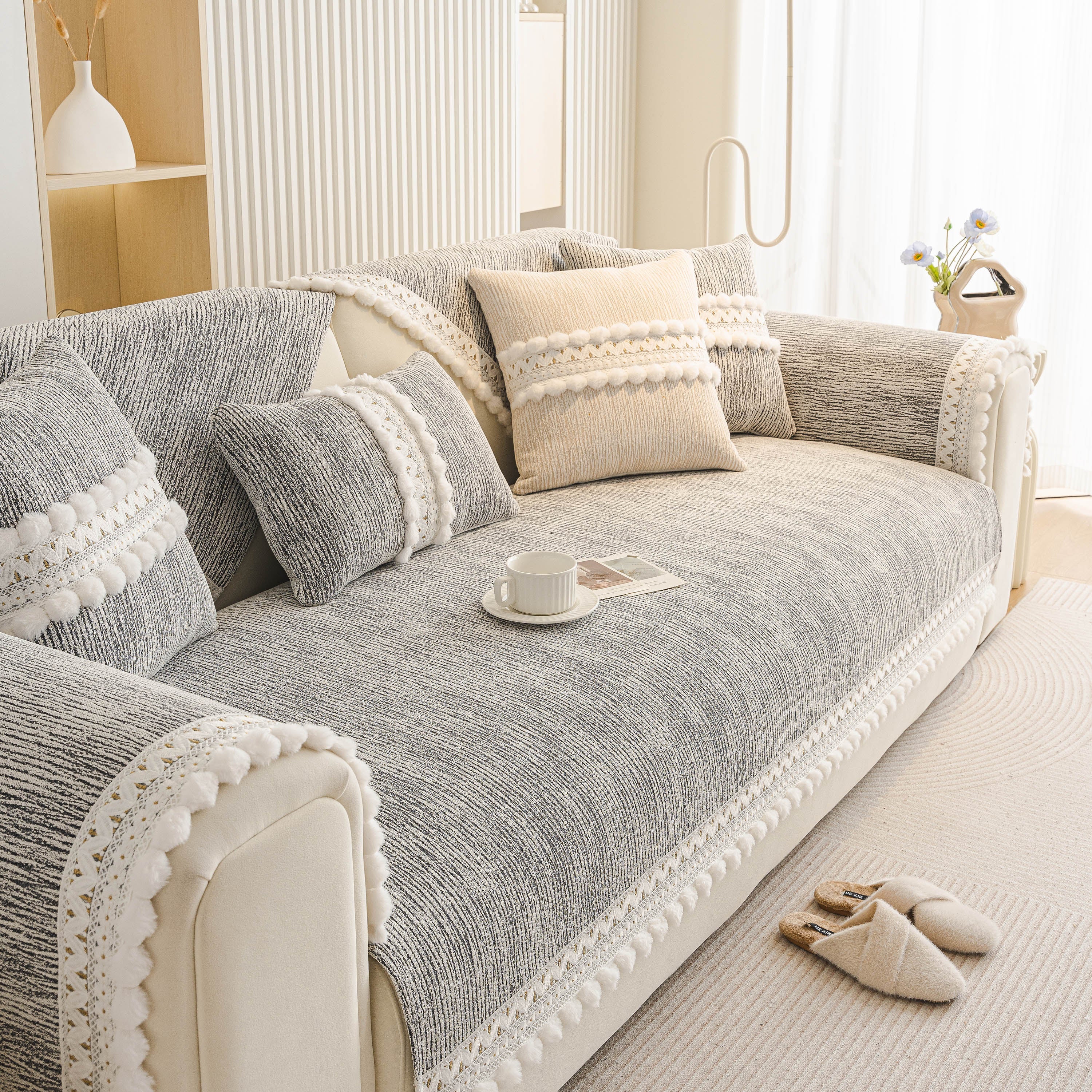 Soft Chenille Sectional Sofa Cover with Pom Pom Trim – Non-Slip Couch Protector - Image 12