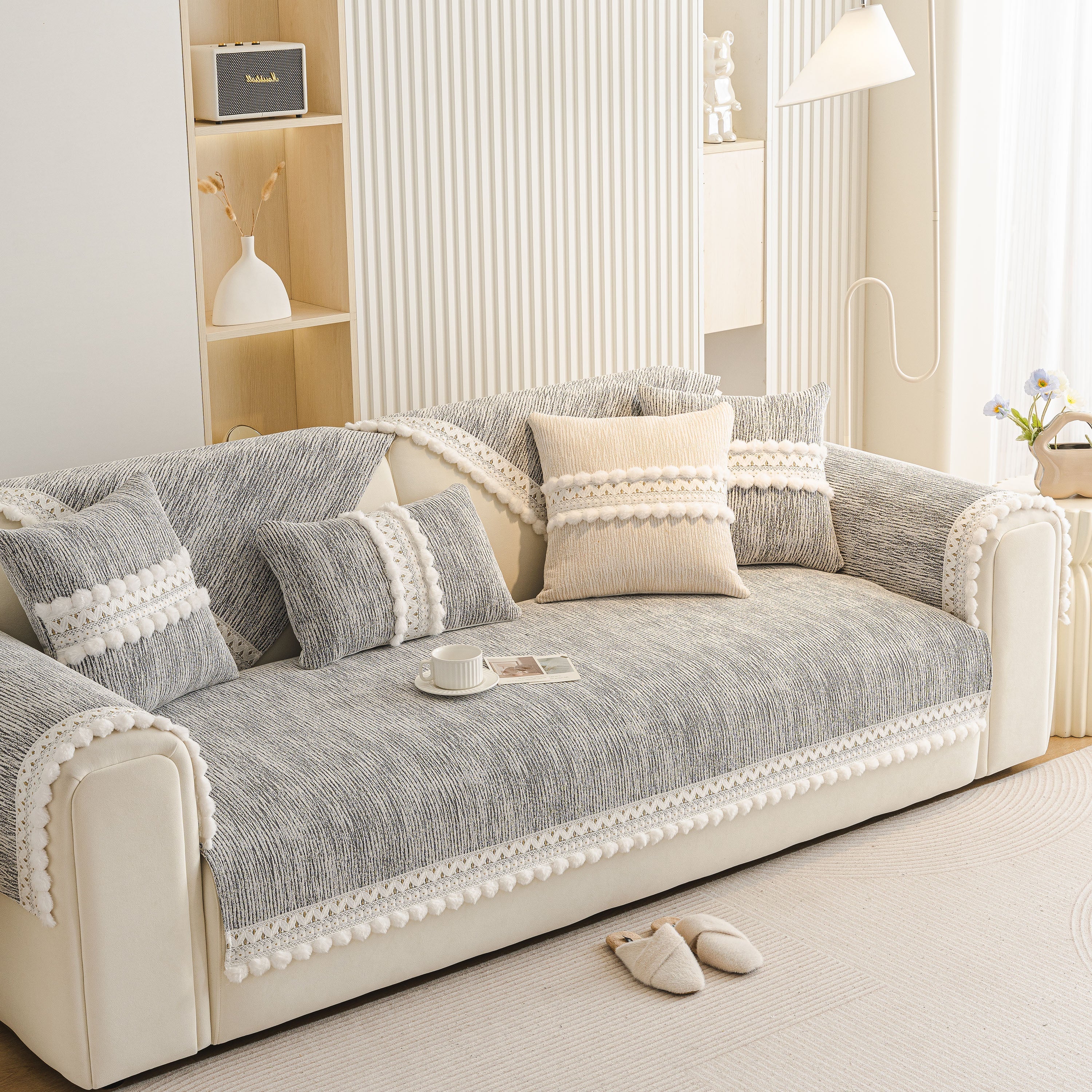 Soft Chenille Sectional Sofa Cover with Pom Pom Trim – Non-Slip Couch Protector - Image 13