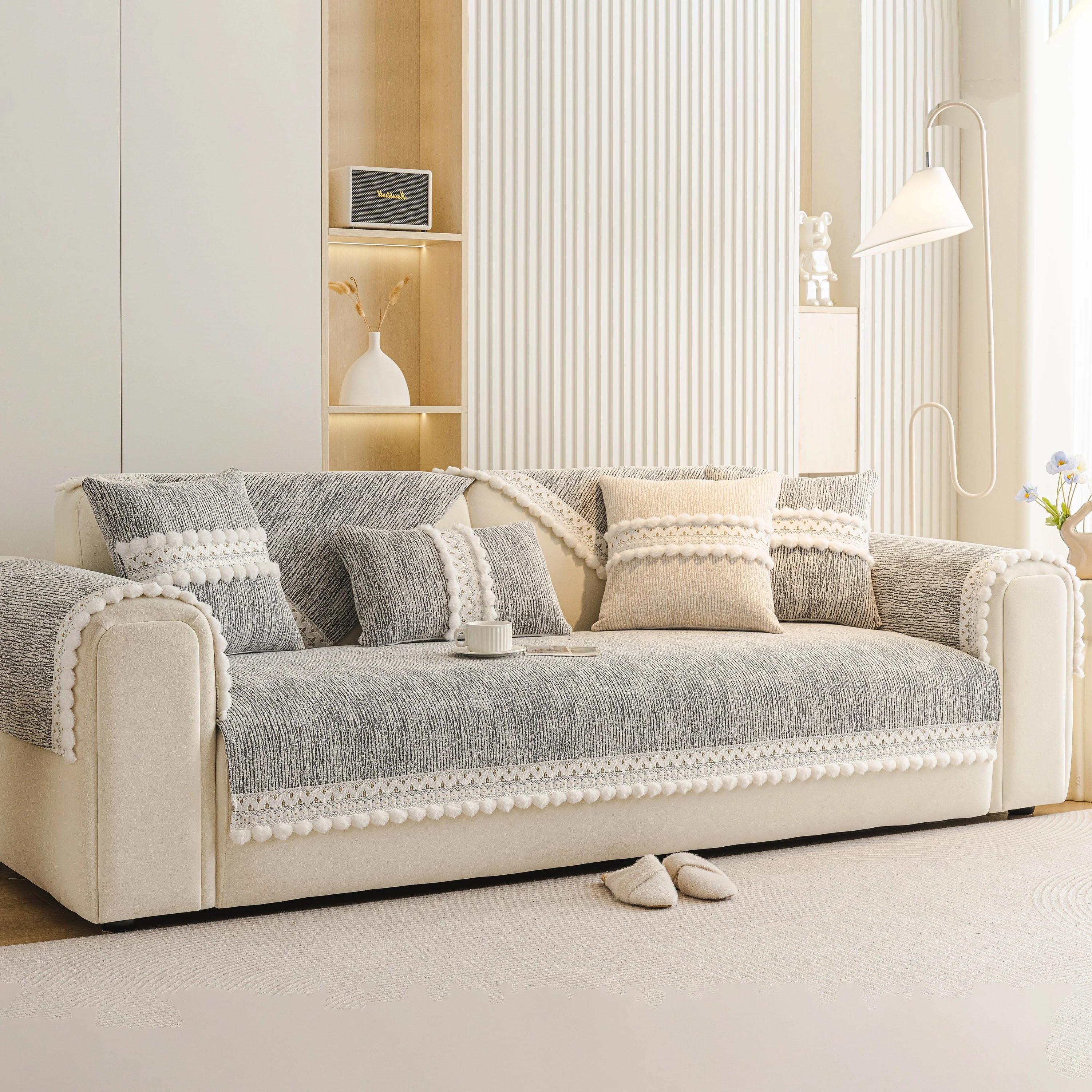 Soft Chenille Sectional Sofa Cover with Pom Pom Trim – Non-Slip Couch Protector - Image 16