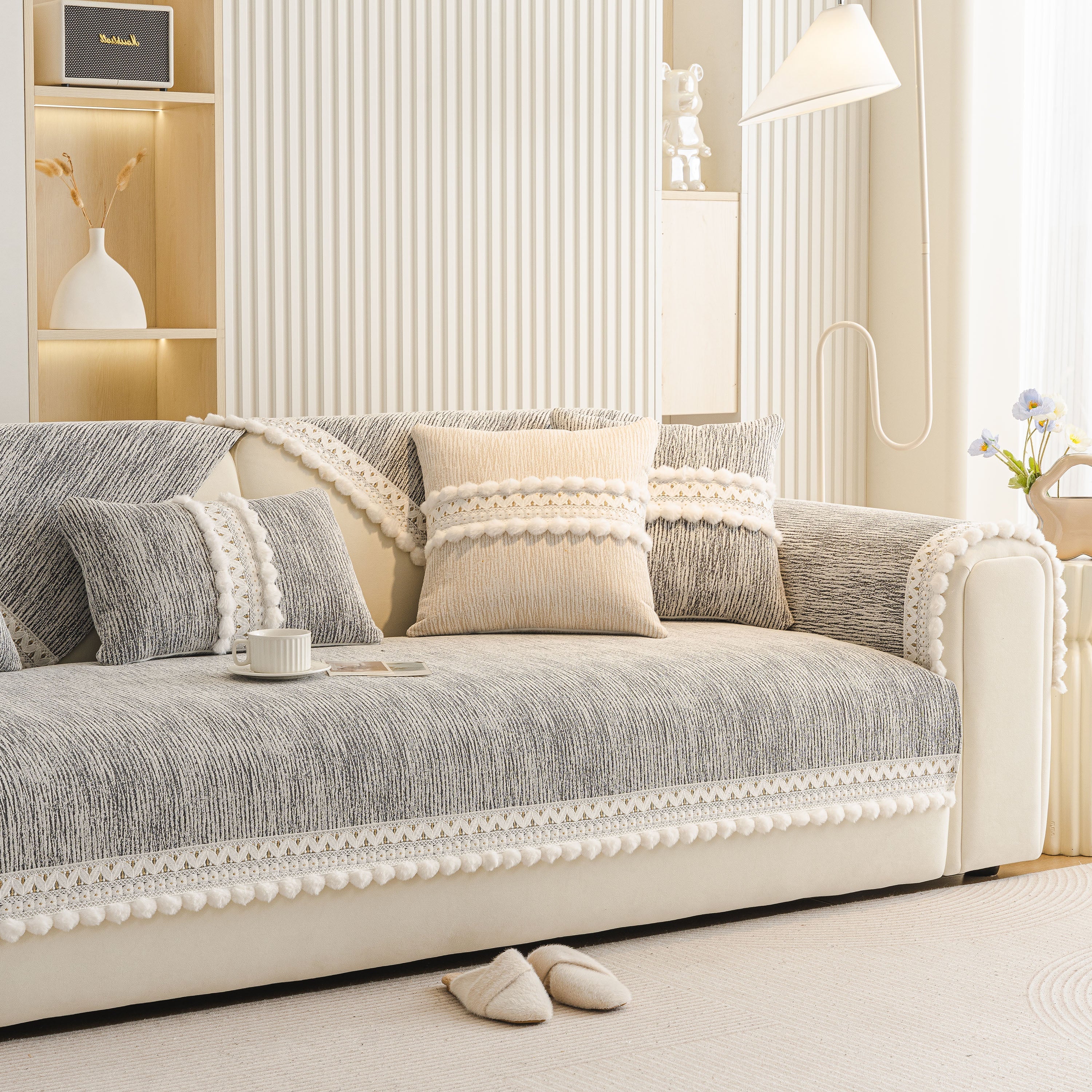 Soft Chenille Sectional Sofa Cover with Pom Pom Trim – Non-Slip Couch Protector - Image 17