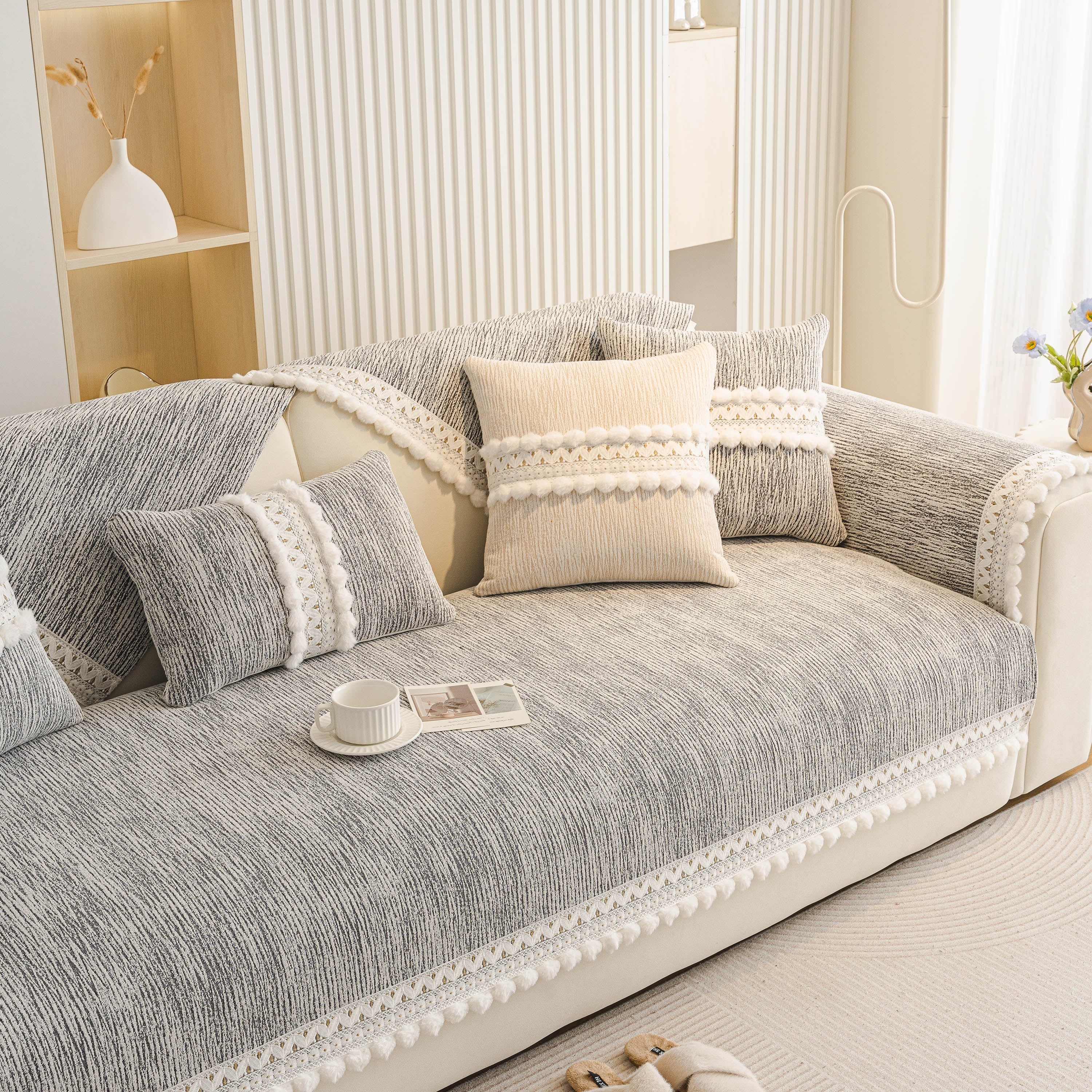 Soft Chenille Sectional Sofa Cover with Pom Pom Trim – Non-Slip Couch Protector - Image 19