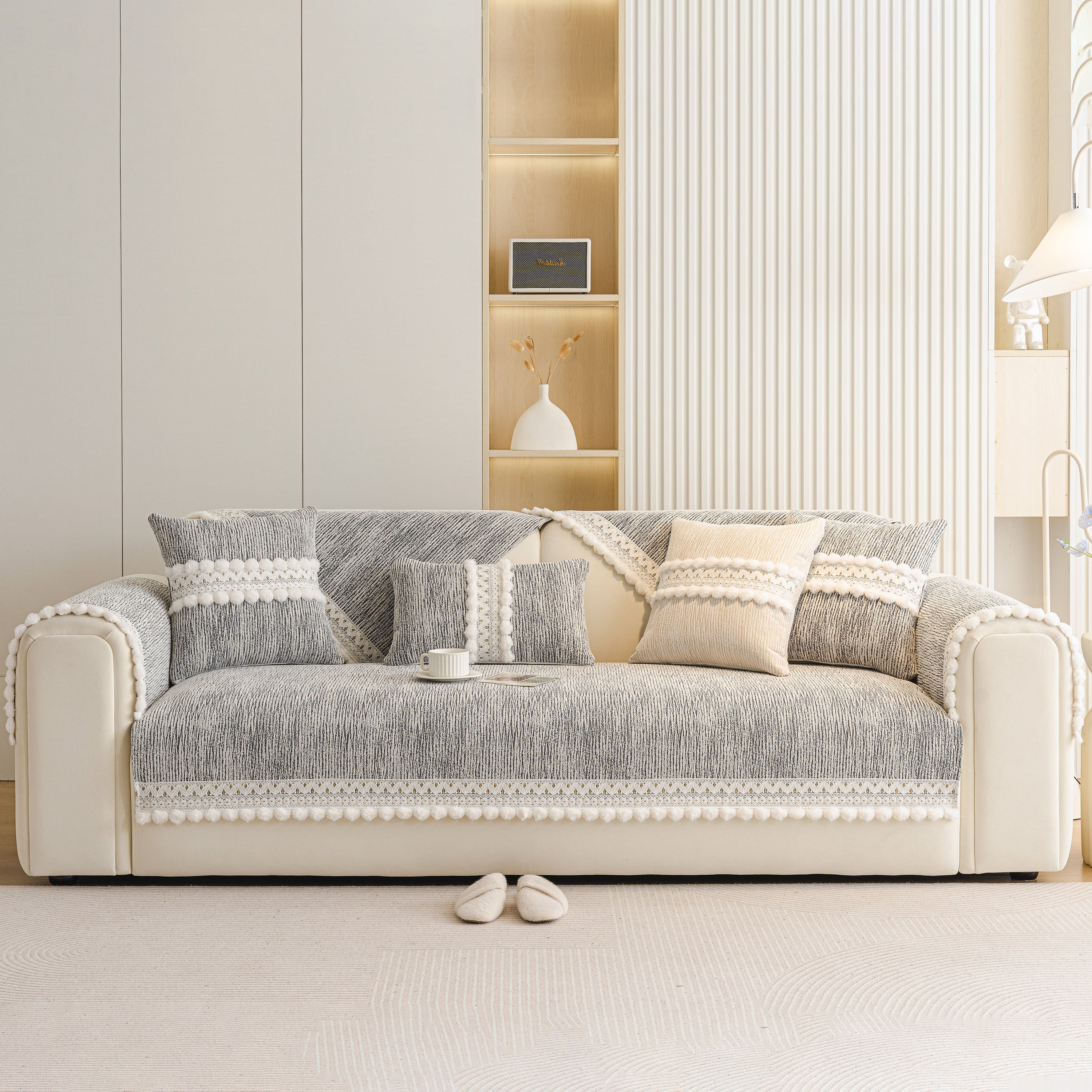Soft Chenille Sectional Sofa Cover with Pom Pom Trim – Non-Slip Couch Protector - Image 2