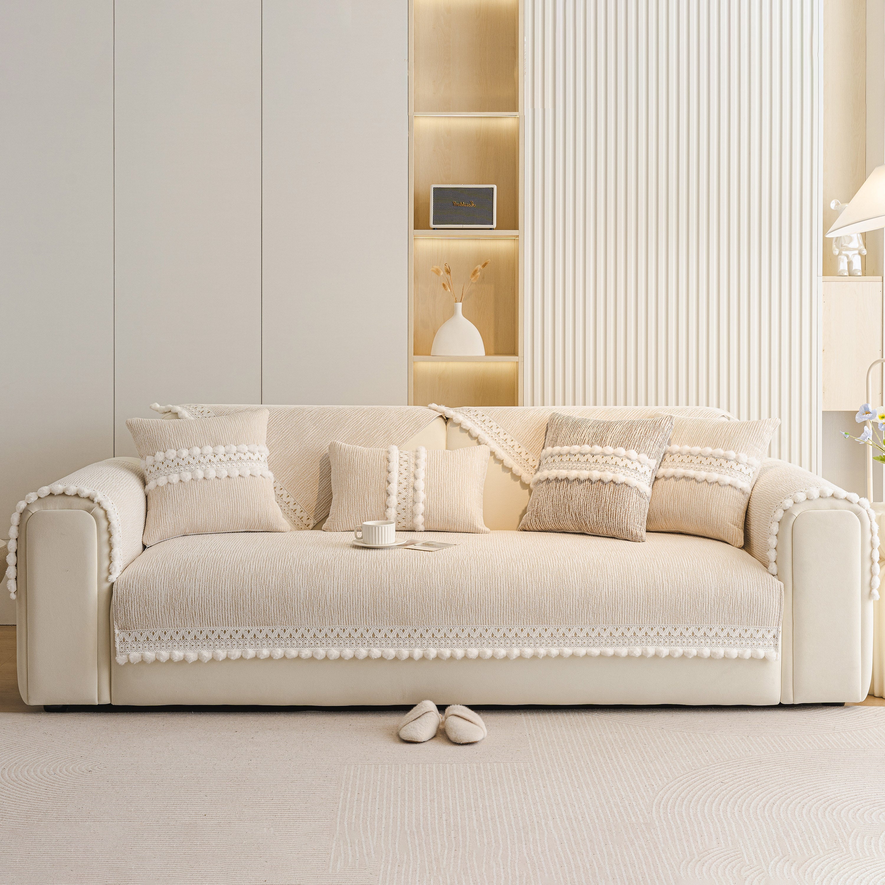 Soft Chenille Sectional Sofa Cover with Pom Pom Trim – Non-Slip Couch Protector - Image 25