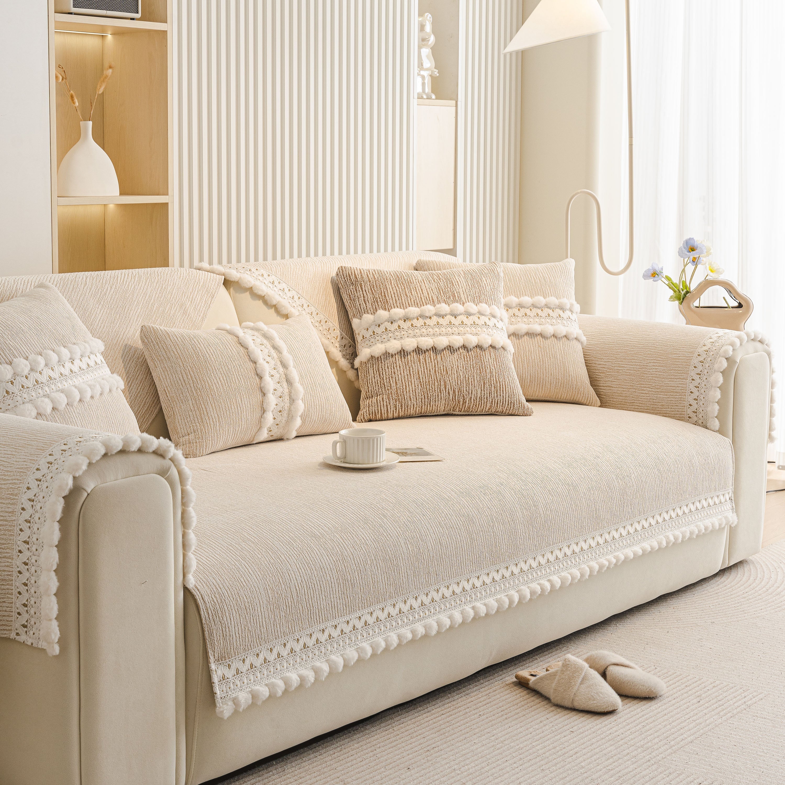 Soft Chenille Sectional Sofa Cover with Pom Pom Trim – Non-Slip Couch Protector - Image 26