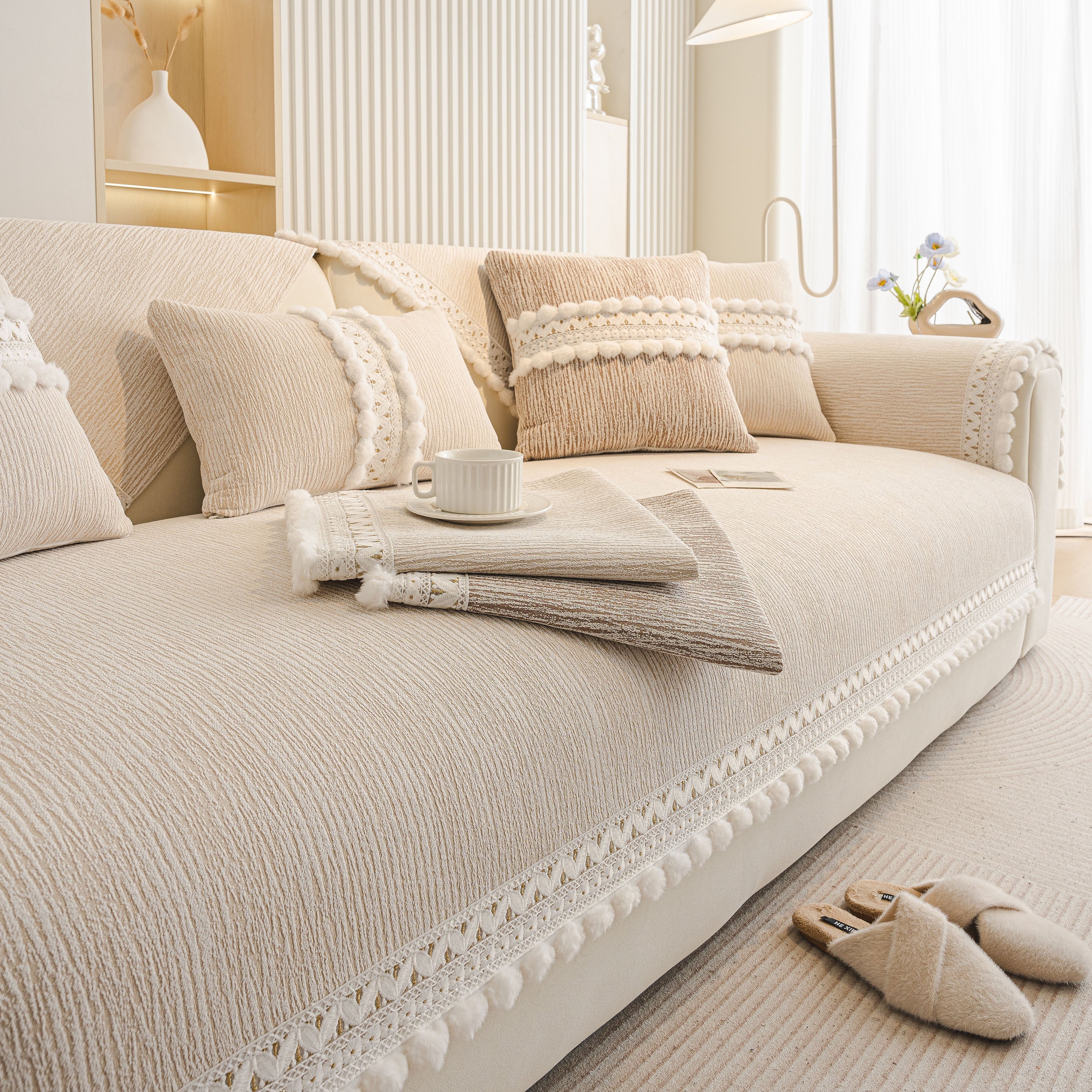 Soft Chenille Sectional Sofa Cover with Pom Pom Trim – Non-Slip Couch Protector - Image 28