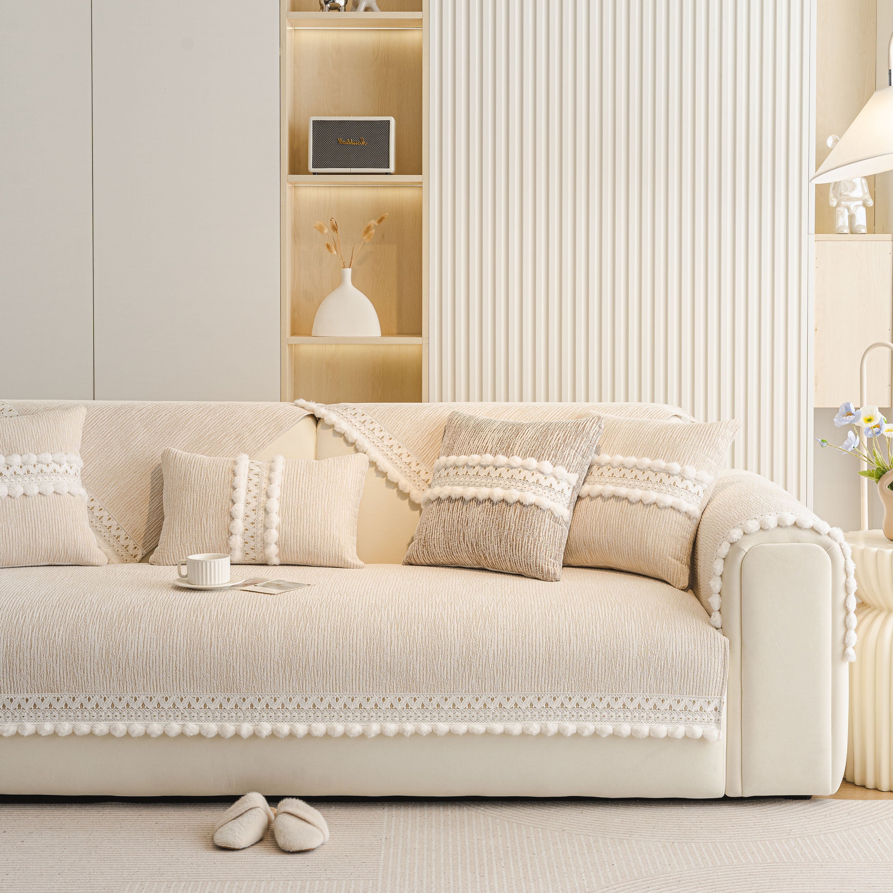 Soft Chenille Sectional Sofa Cover with Pom Pom Trim – Non-Slip Couch Protector - Image 29