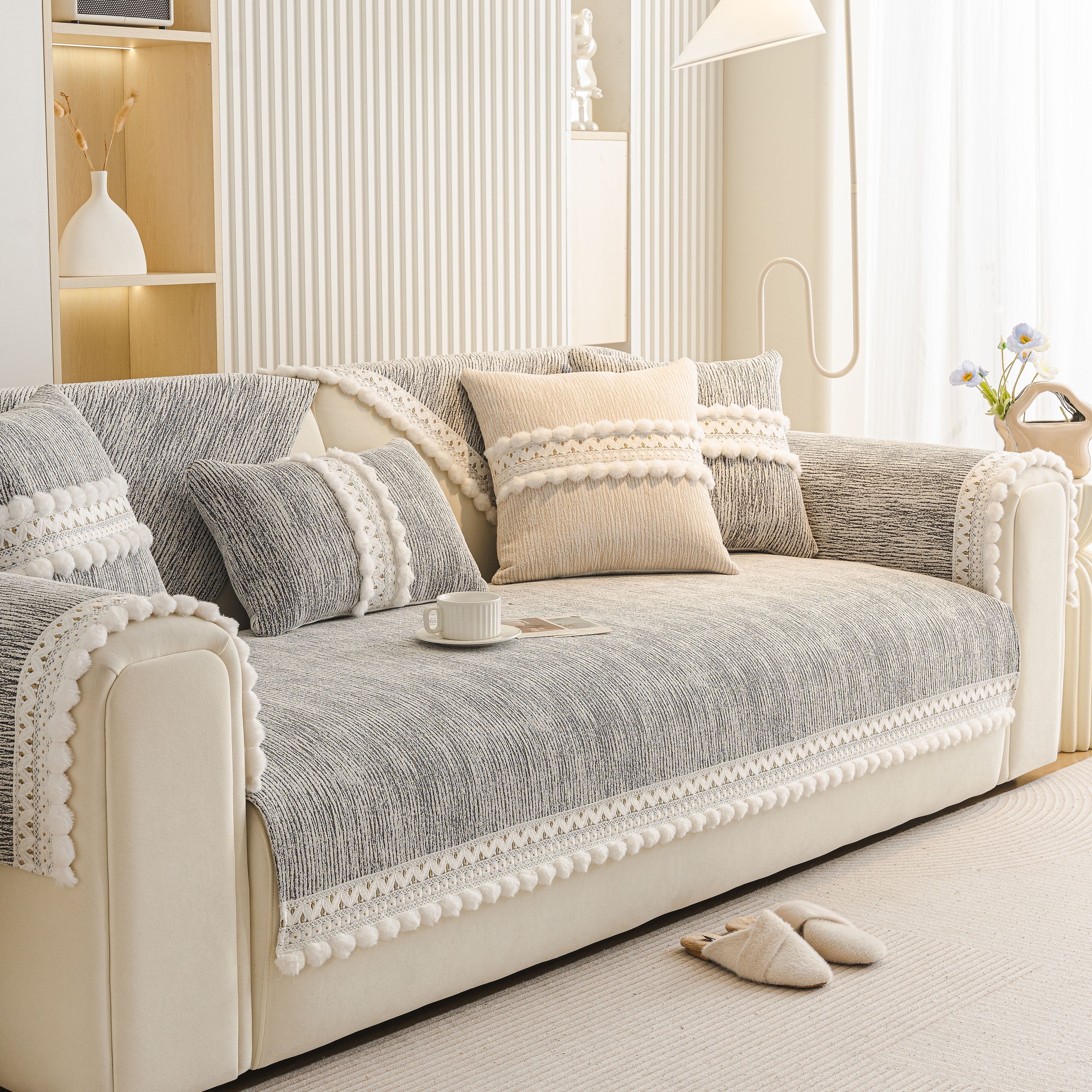 Soft Chenille Sectional Sofa Cover with Pom Pom Trim – Non-Slip Couch Protector - Image 3