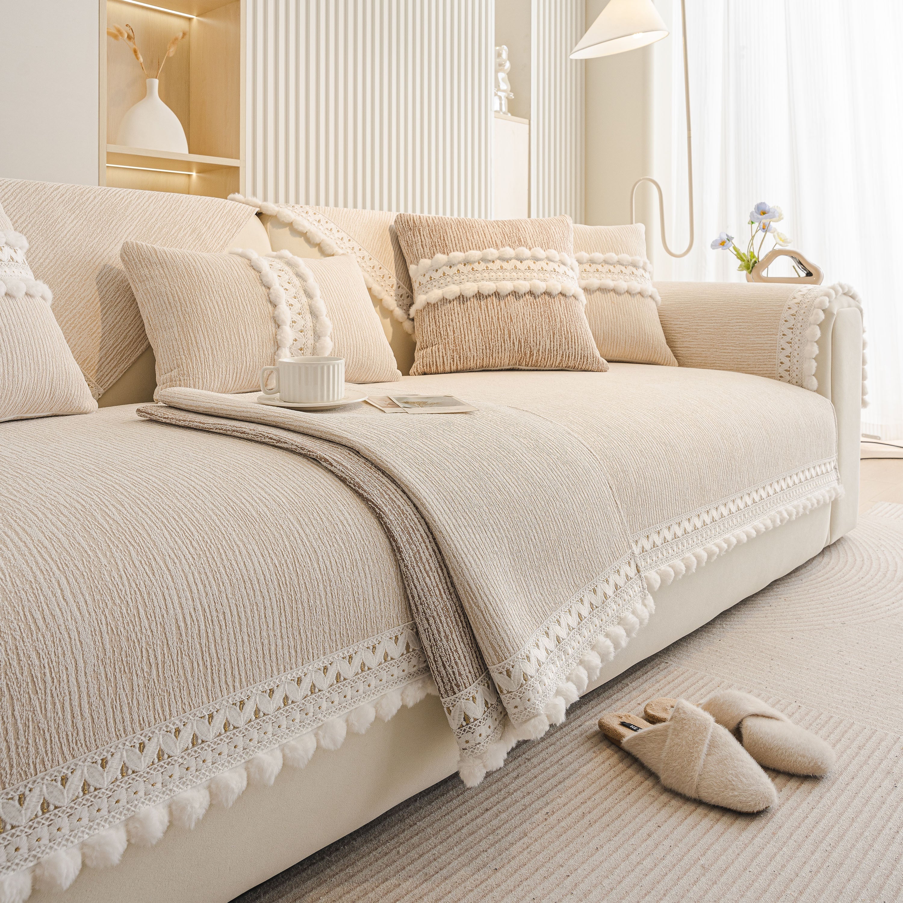 Soft Chenille Sectional Sofa Cover with Pom Pom Trim – Non-Slip Couch Protector - Image 30