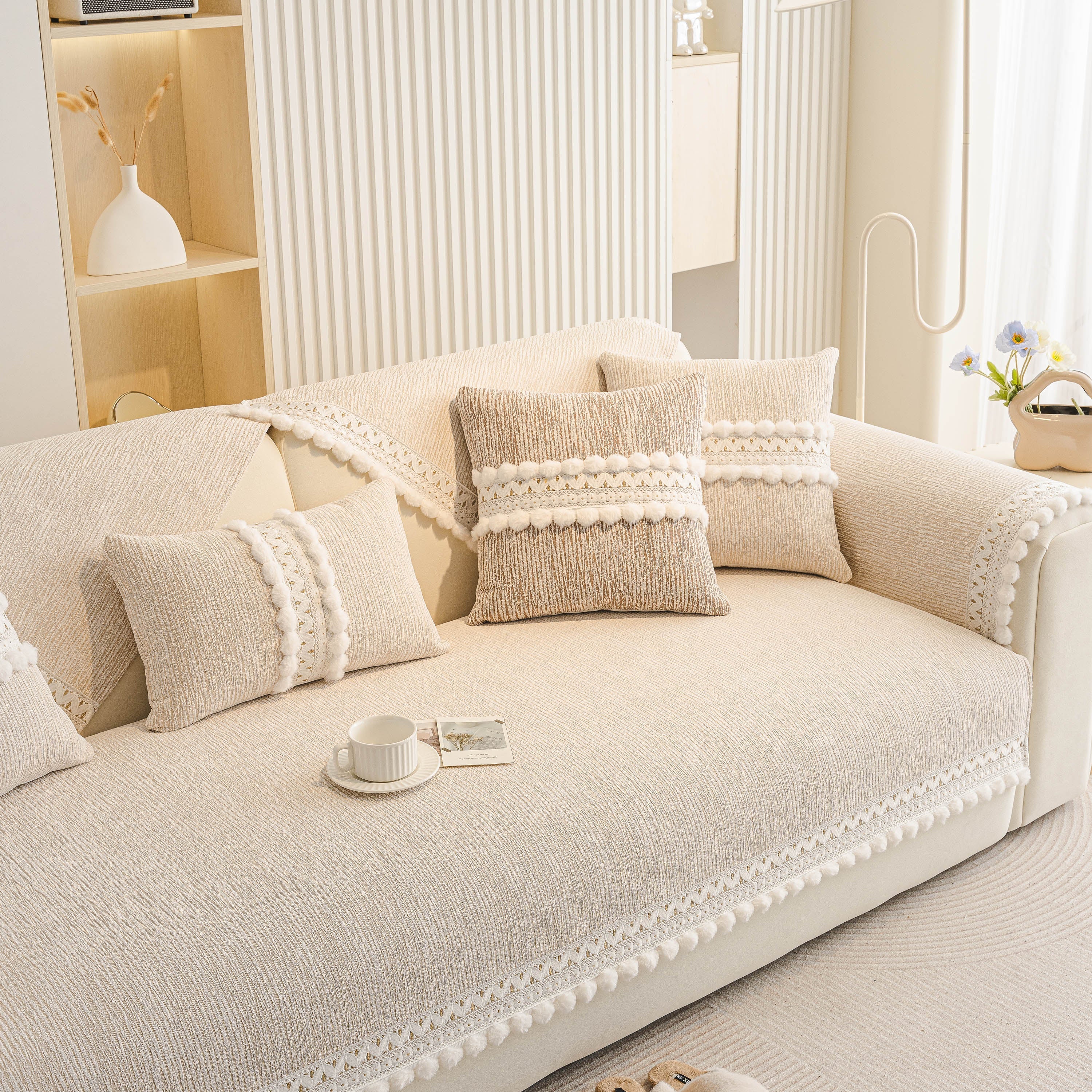 Soft Chenille Sectional Sofa Cover with Pom Pom Trim – Non-Slip Couch Protector - Image 31