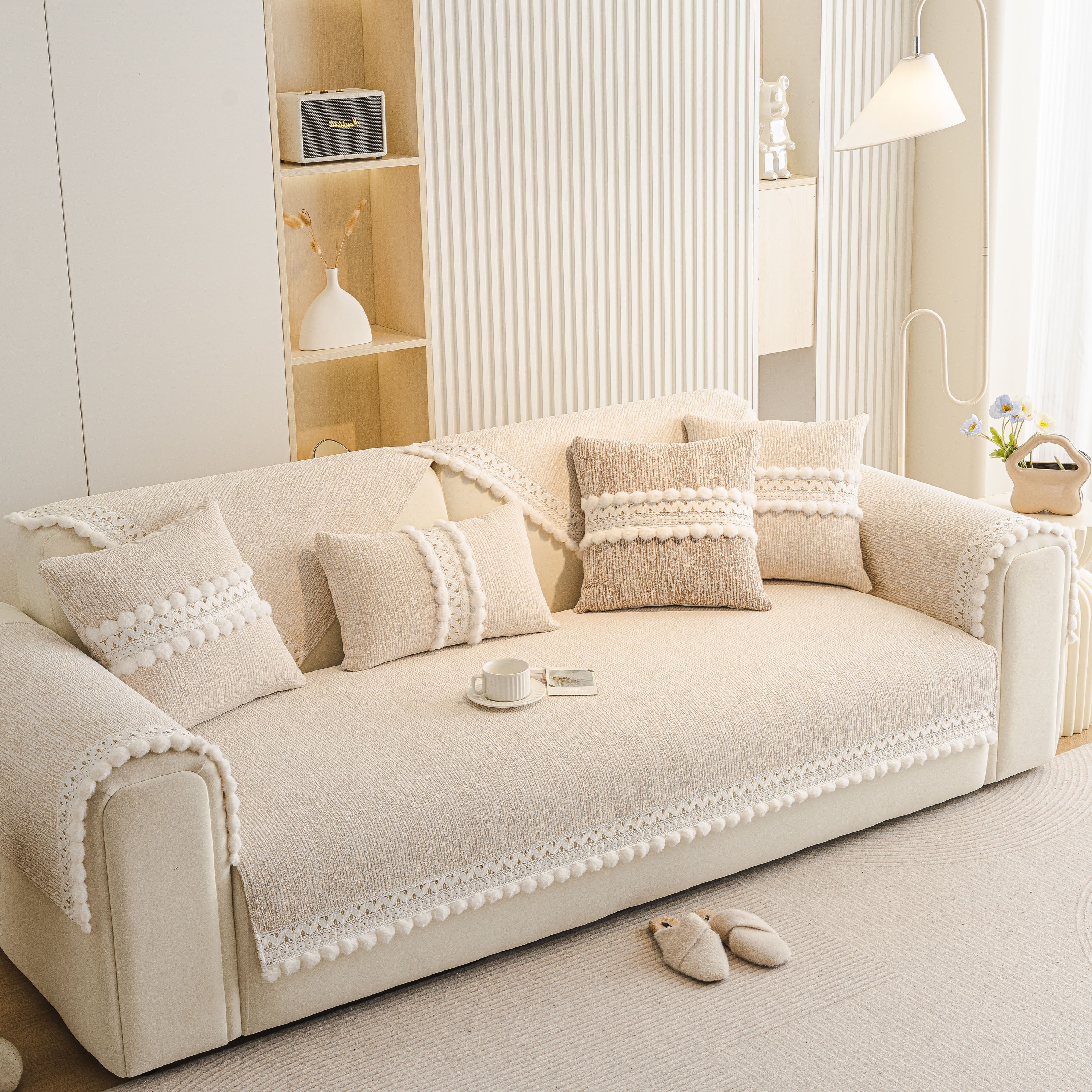 Soft Chenille Sectional Sofa Cover with Pom Pom Trim – Non-Slip Couch Protector - Image 33