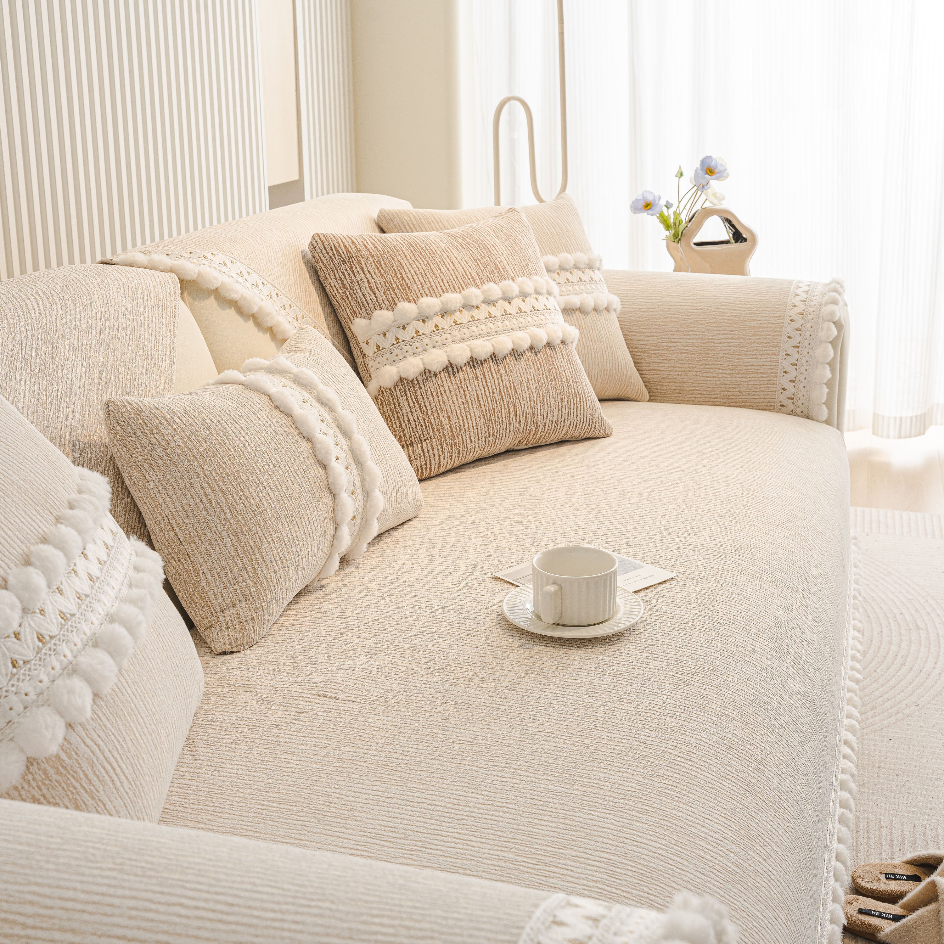 Soft Chenille Sectional Sofa Cover with Pom Pom Trim – Non-Slip Couch Protector - Image 34