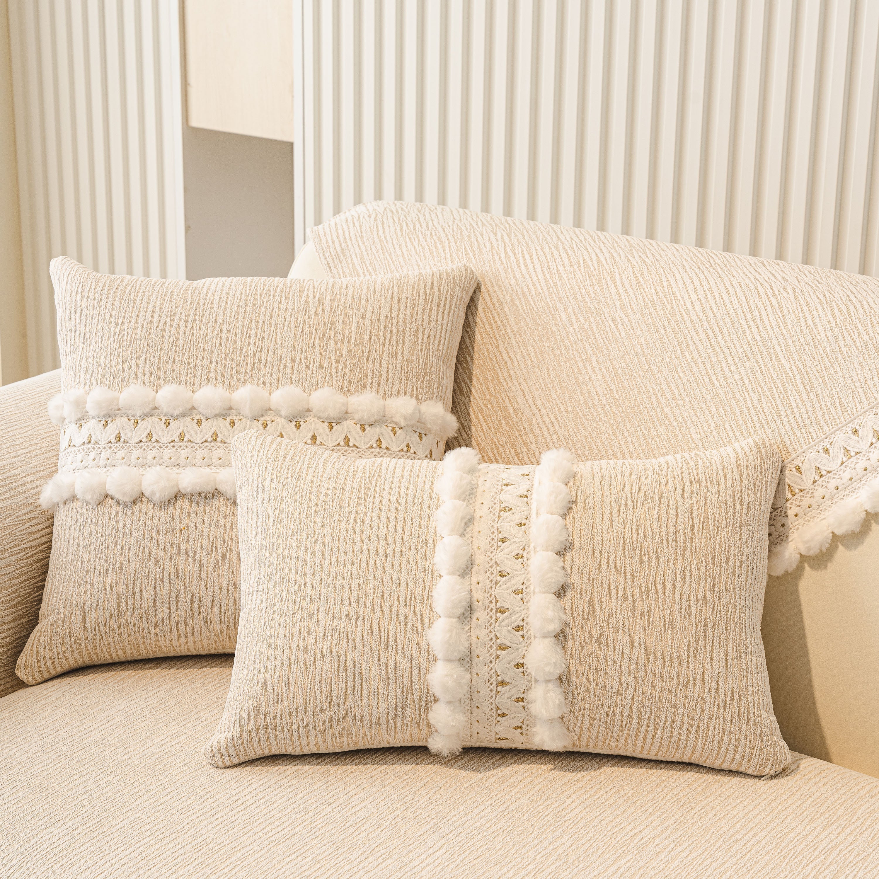 Soft Chenille Sectional Sofa Cover with Pom Pom Trim – Non-Slip Couch Protector - Image 38
