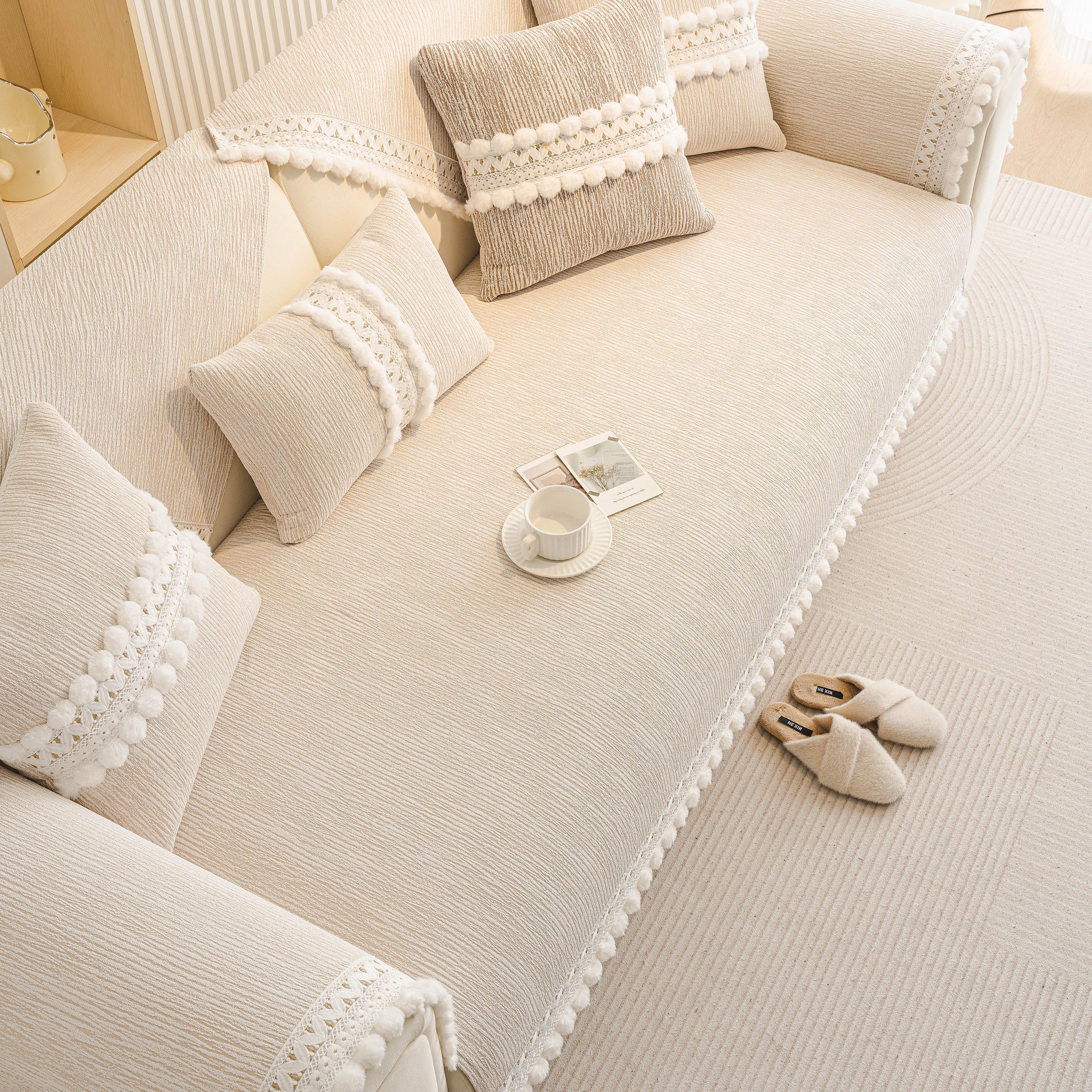 Soft Chenille Sectional Sofa Cover with Pom Pom Trim – Non-Slip Couch Protector - Image 39