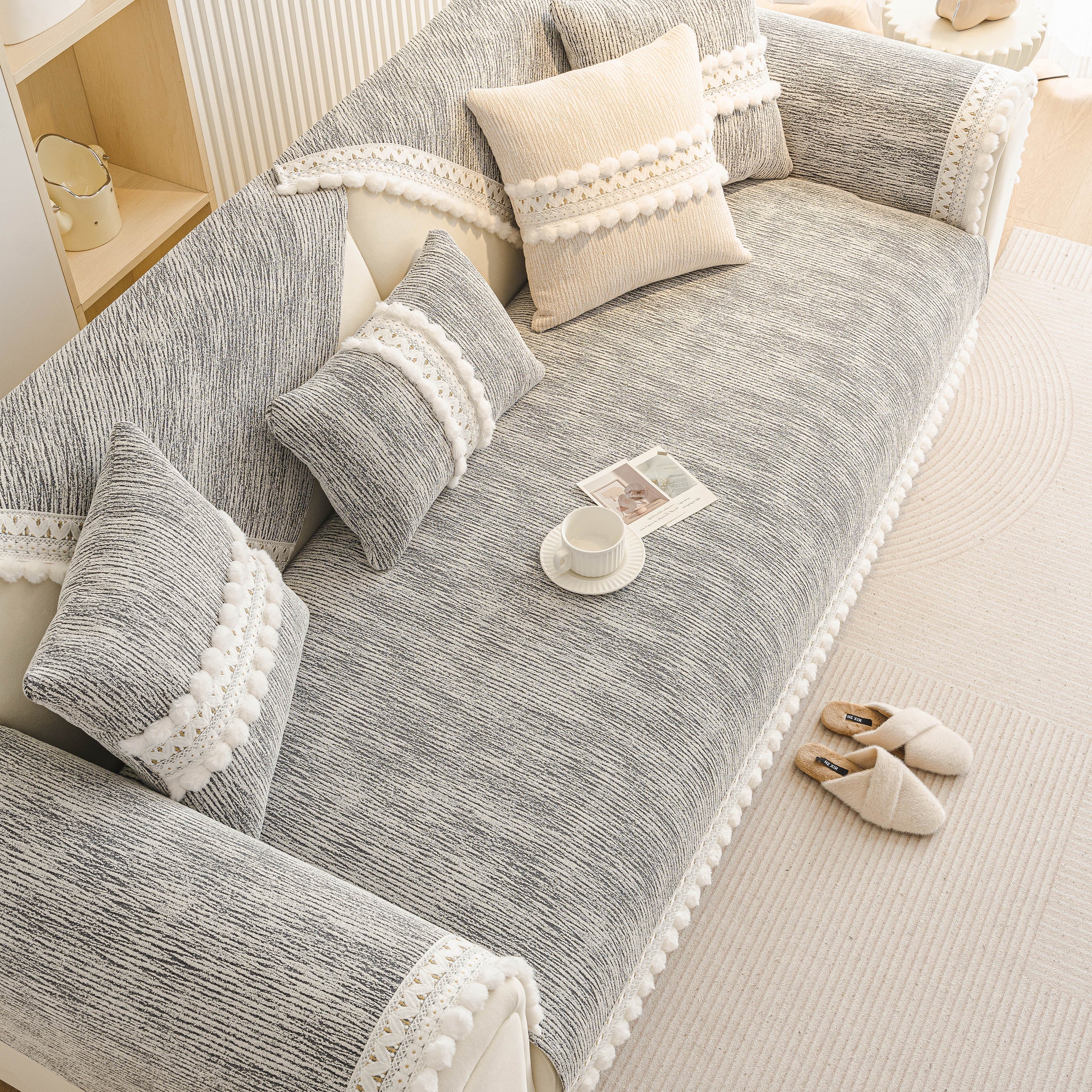 Soft Chenille Sectional Sofa Cover with Pom Pom Trim – Non-Slip Couch Protector - Image 4