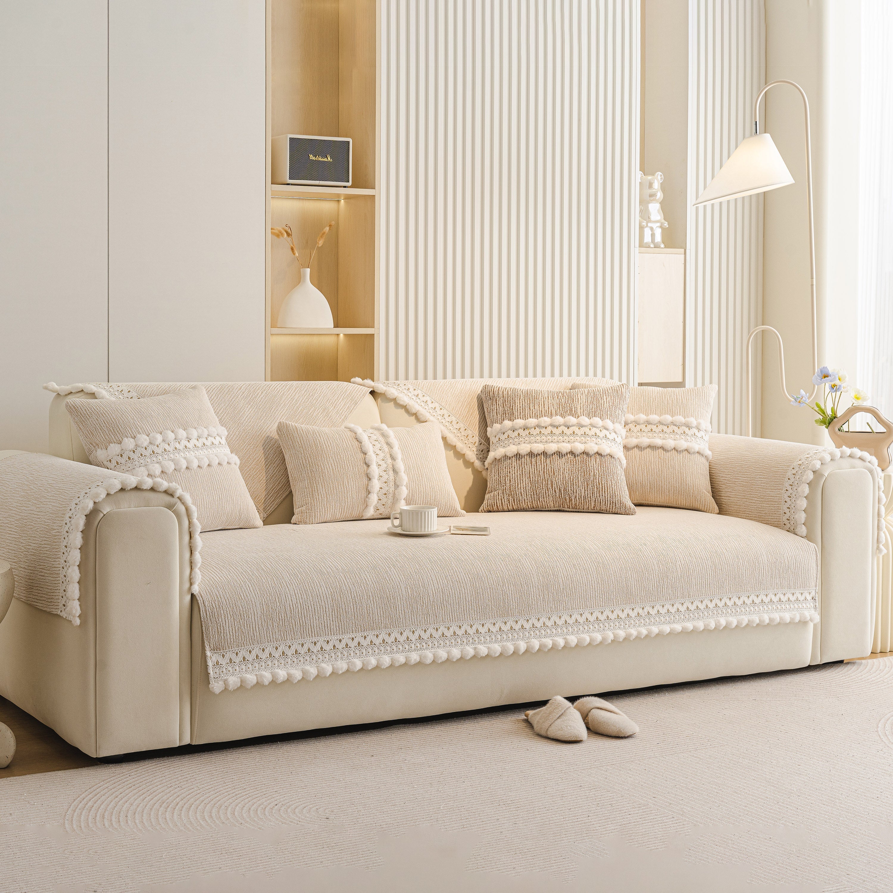 Soft Chenille Sectional Sofa Cover with Pom Pom Trim – Non-Slip Couch Protector - Image 40