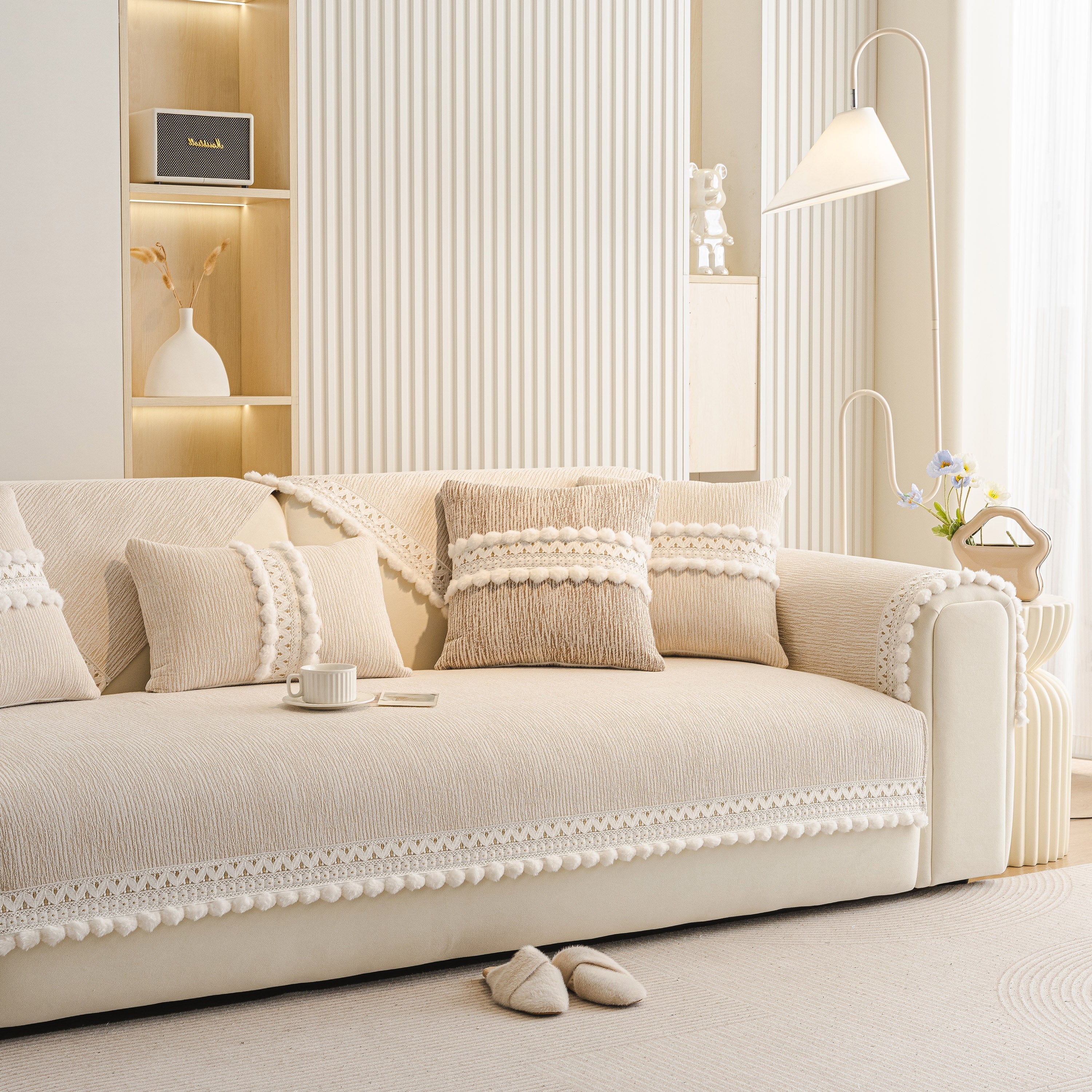 Soft Chenille Sectional Sofa Cover with Pom Pom Trim – Non-Slip Couch Protector - Image 41