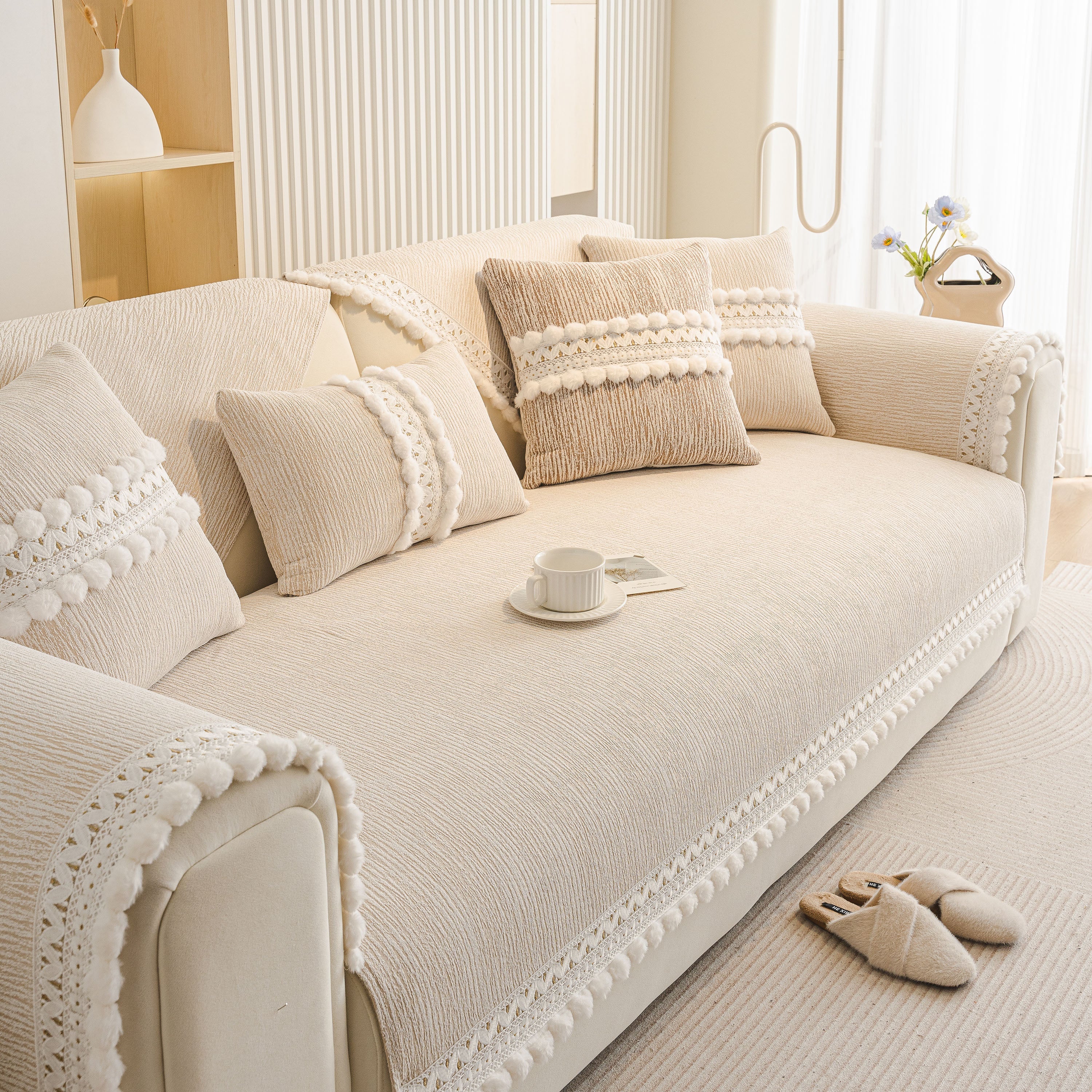 Soft Chenille Sectional Sofa Cover with Pom Pom Trim – Non-Slip Couch Protector - Image 44