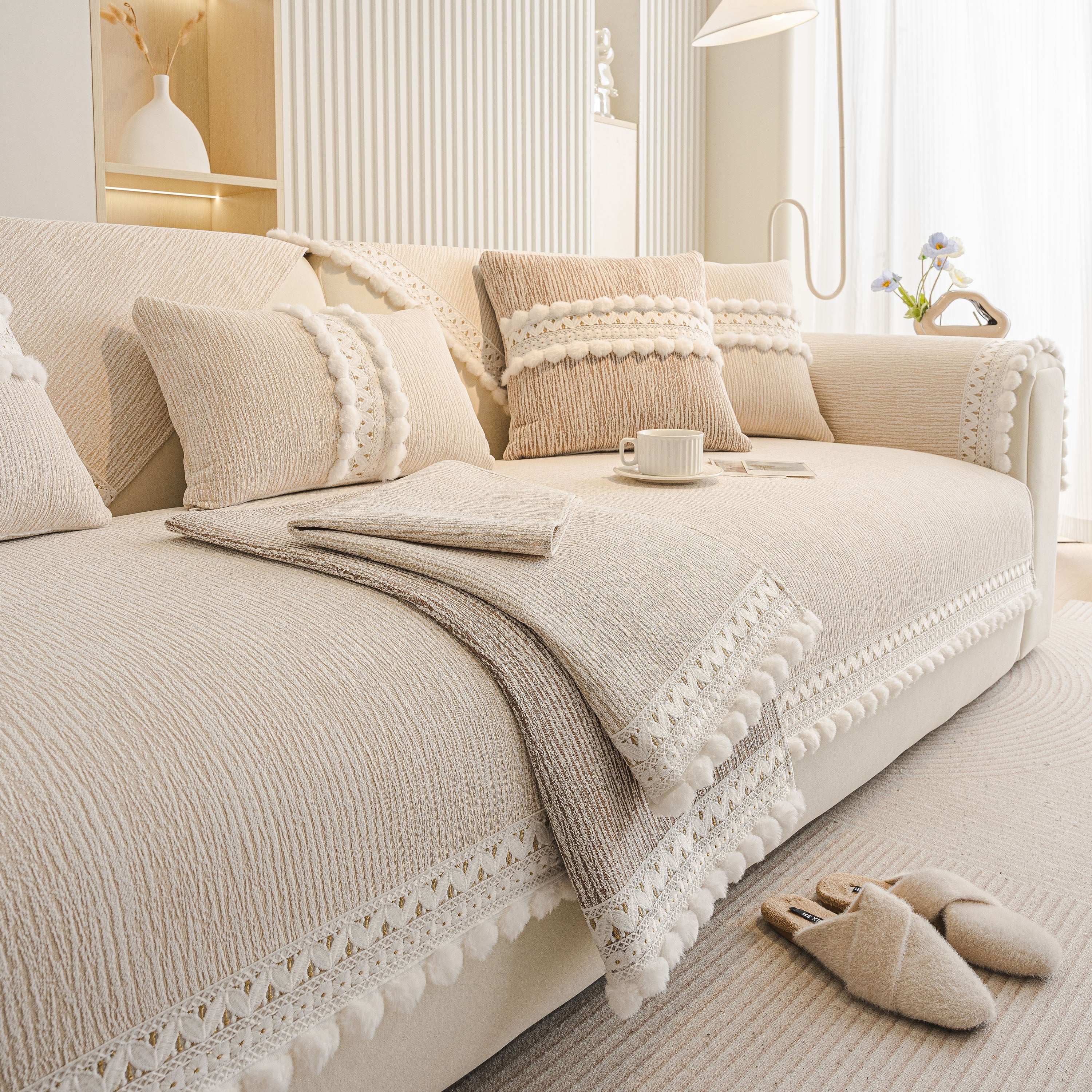 Soft Chenille Sectional Sofa Cover with Pom Pom Trim – Non-Slip Couch Protector - Image 46