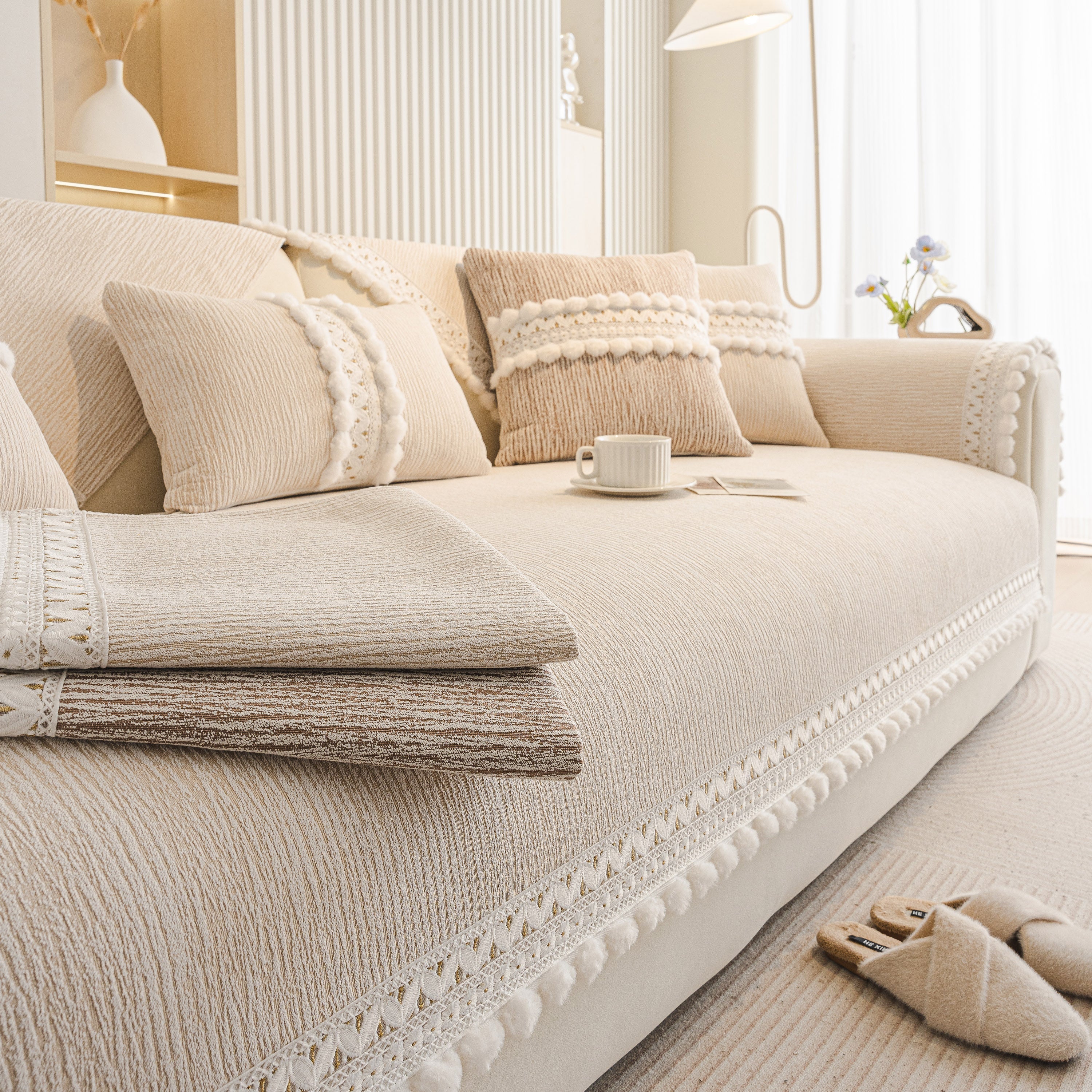 Soft Chenille Sectional Sofa Cover with Pom Pom Trim – Non-Slip Couch Protector - Image 47