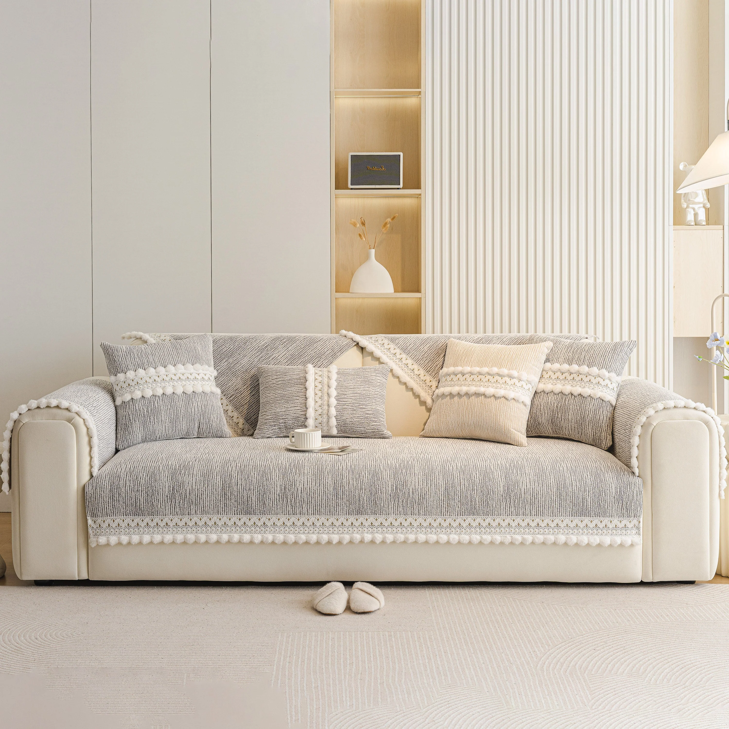 Soft Chenille Sectional Sofa Cover with Pom Pom Trim – Non-Slip Couch Protector - Image 48