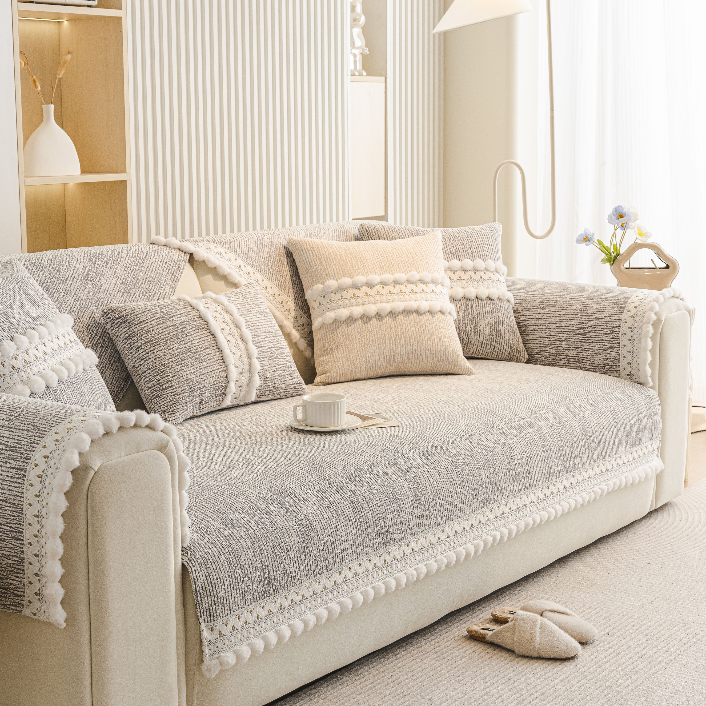 Soft Chenille Sectional Sofa Cover with Pom Pom Trim – Non-Slip Couch Protector - Image 49