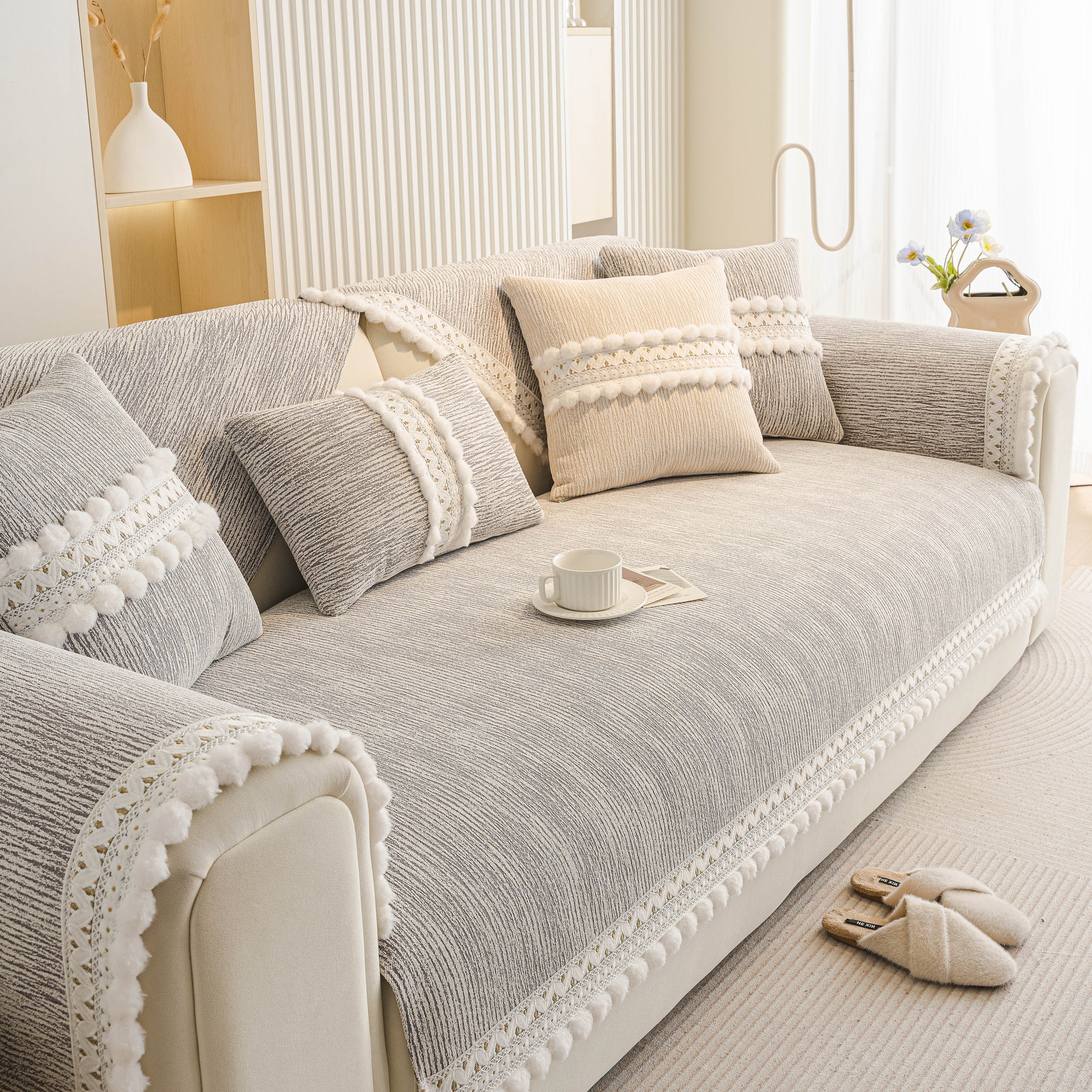 Soft Chenille Sectional Sofa Cover with Pom Pom Trim – Non-Slip Couch Protector - Image 53